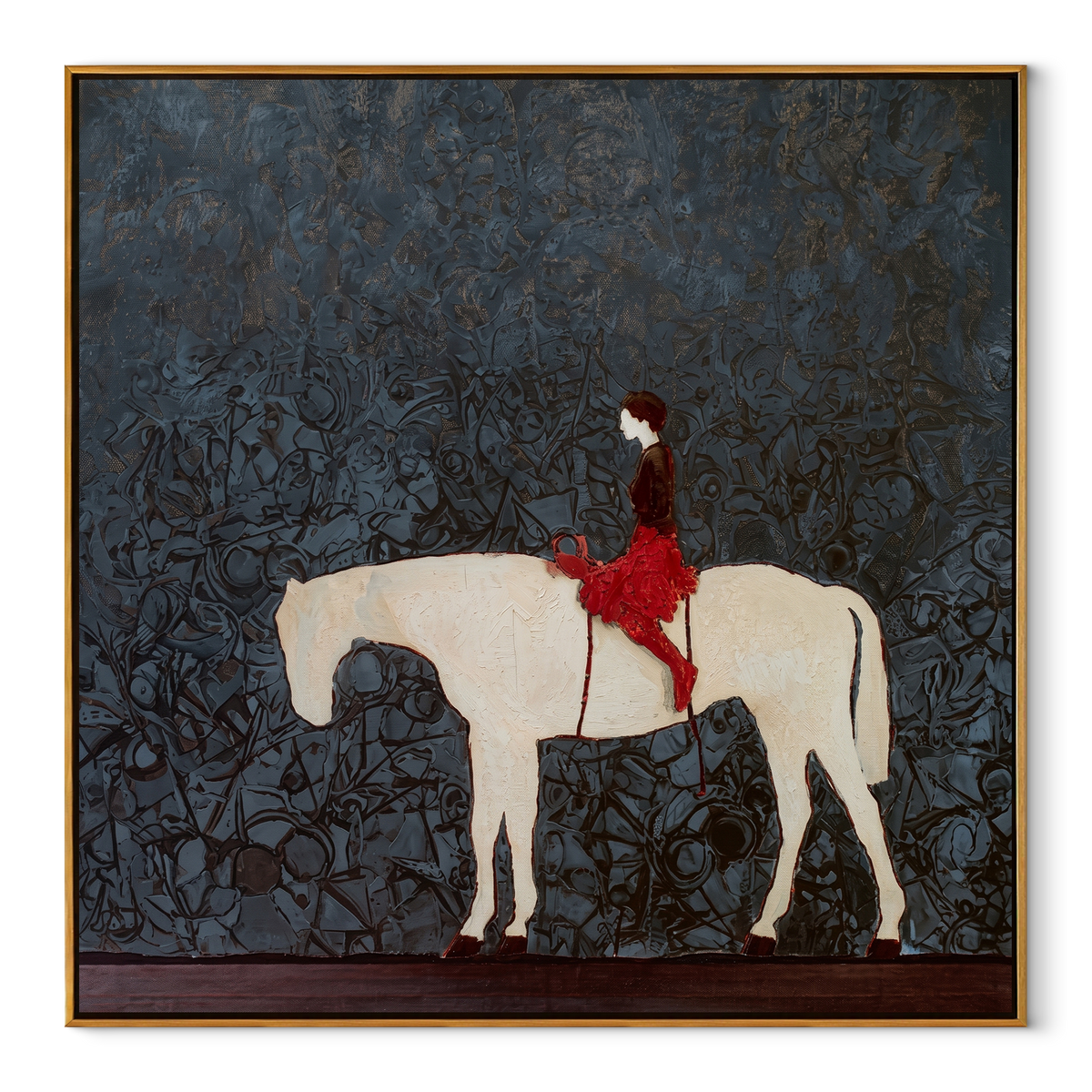 Red Saddle Crosses Blue equestrian horse painting, square canvas artwork