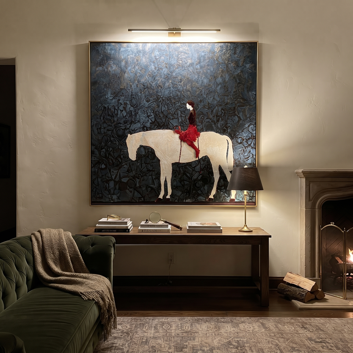 Red Saddle Crosses Blue displayed in a layered residential setting