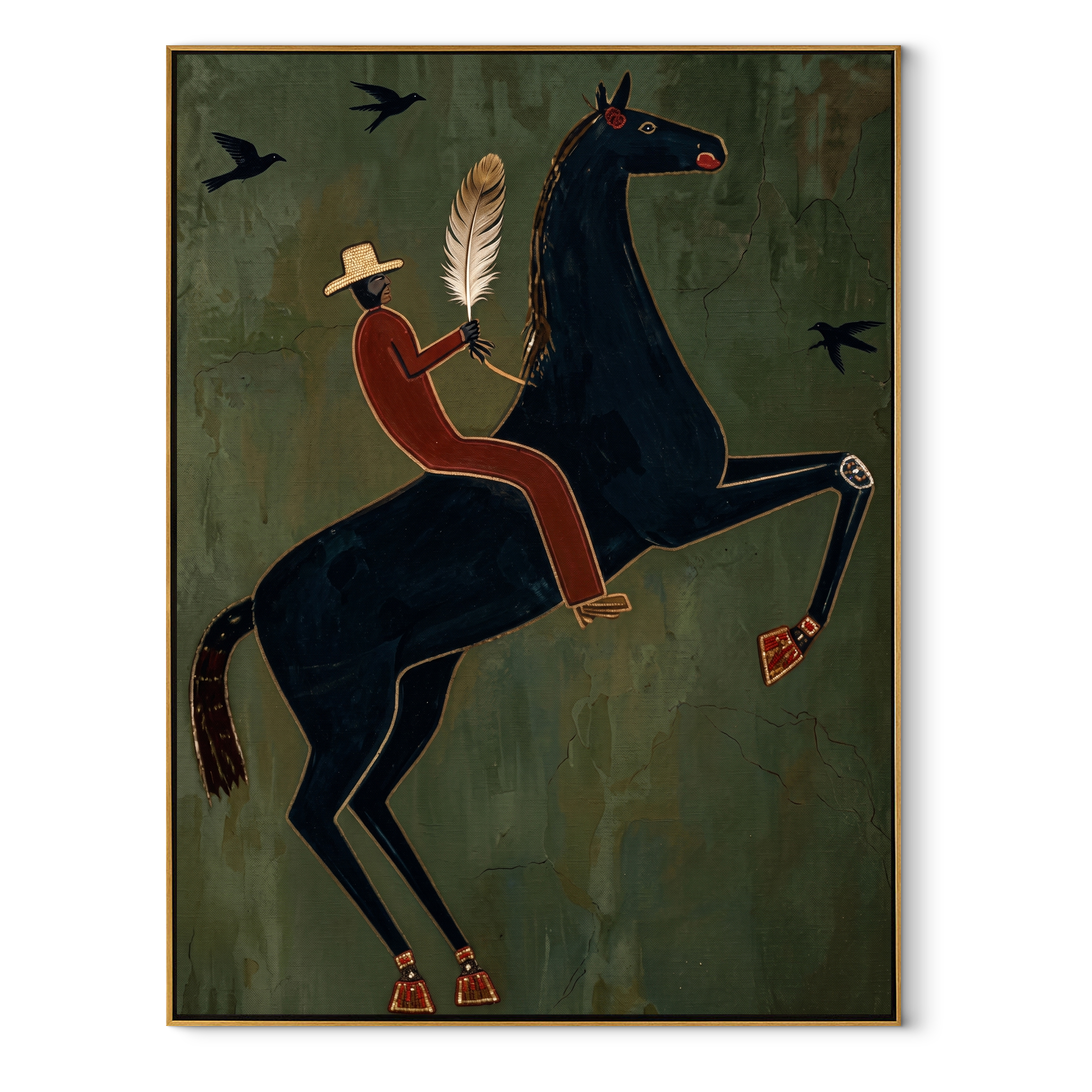 Feather Rider Rears Green equestrian horse painting, vertical canvas artwork