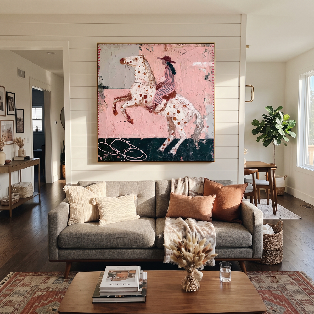 Spotted Horse Rises Blush displayed in a collected contemporary interior