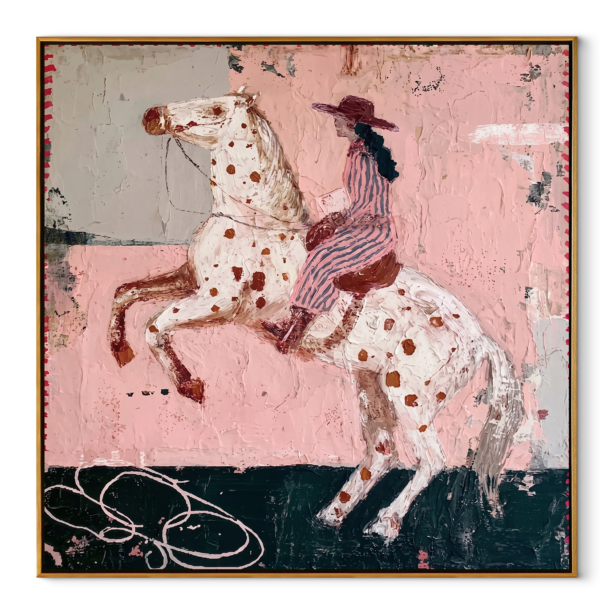 Spotted Horse Rises Blush equestrian horse painting, square canvas artwork
