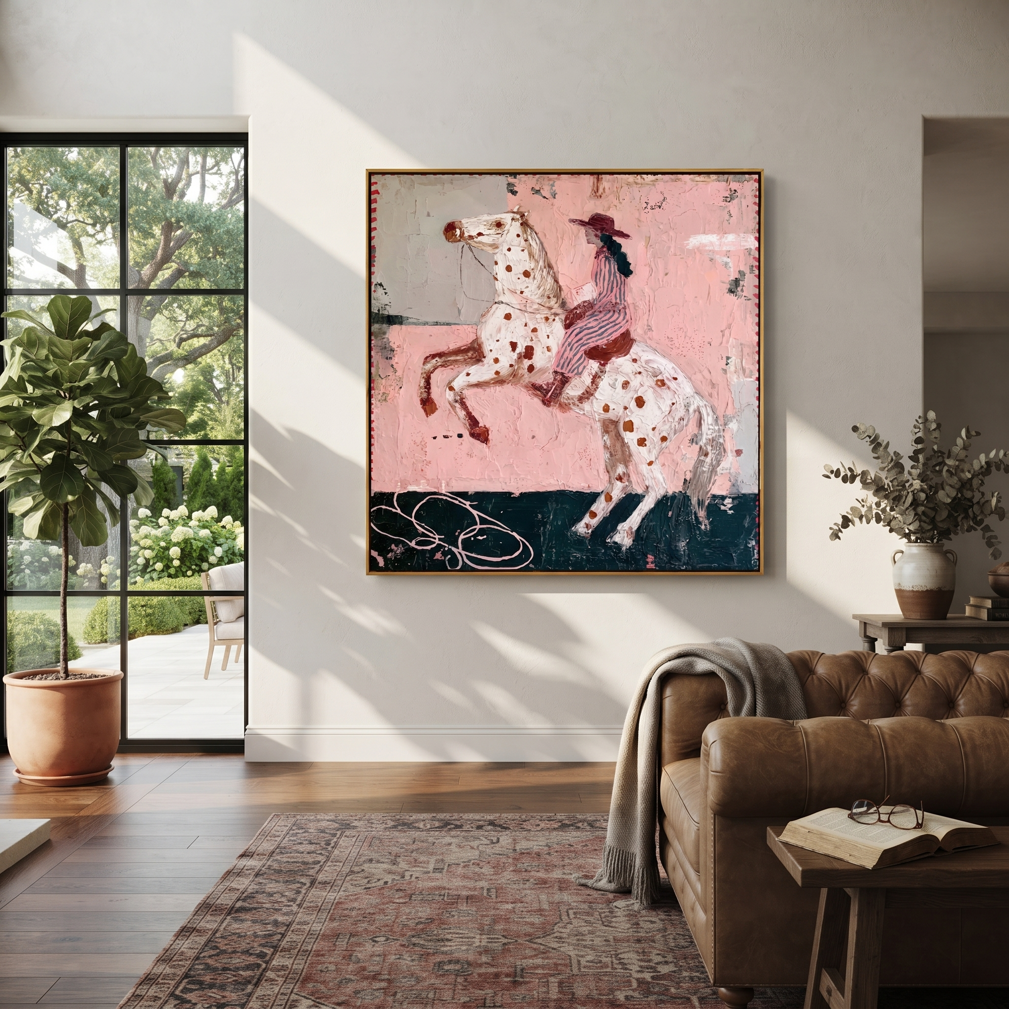 Spotted Horse Rises Blush displayed in a layered residential setting