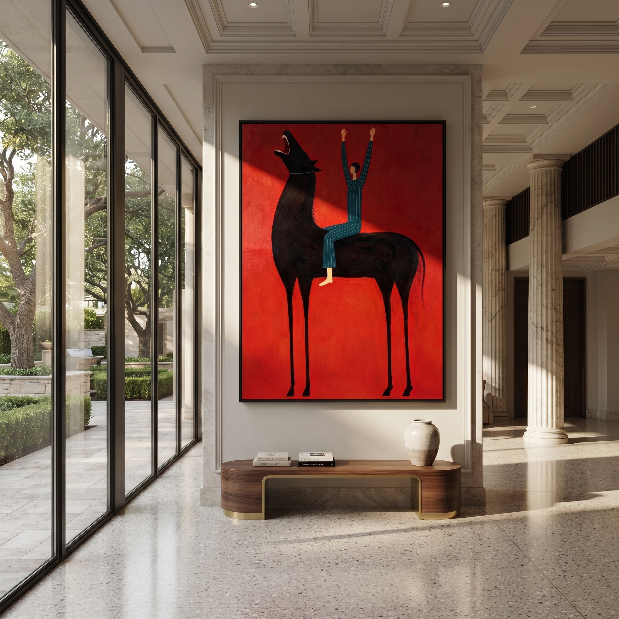 Raised Hands Meet Crimson displayed in a collected contemporary interior