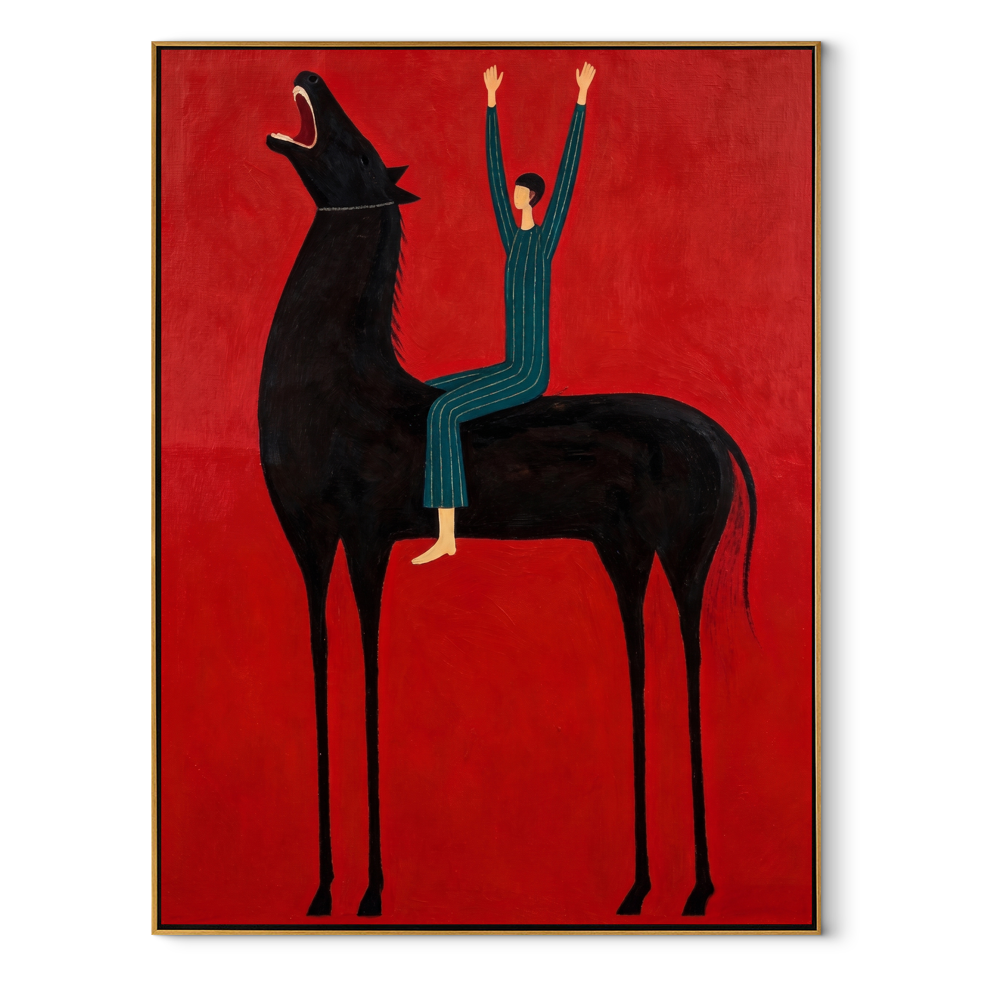 Raised Hands Meet Crimson equestrian horse painting, vertical canvas artwork