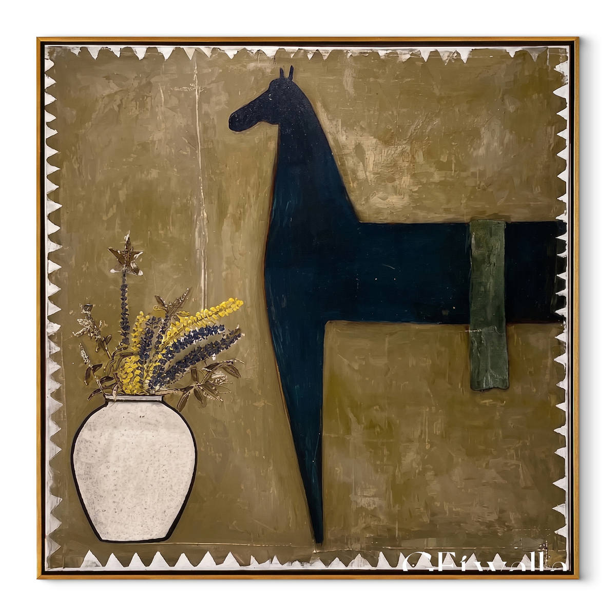 Flowers Wait Beside Horse equestrian horse painting, square canvas artwork