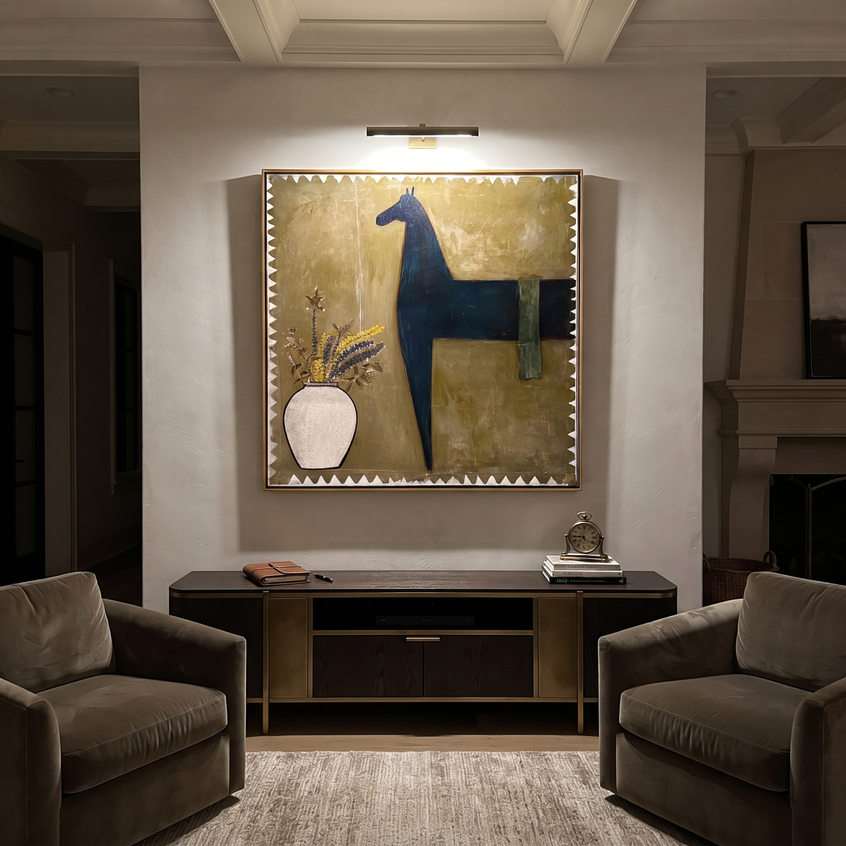 Flowers Wait Beside Horse displayed in a layered residential setting