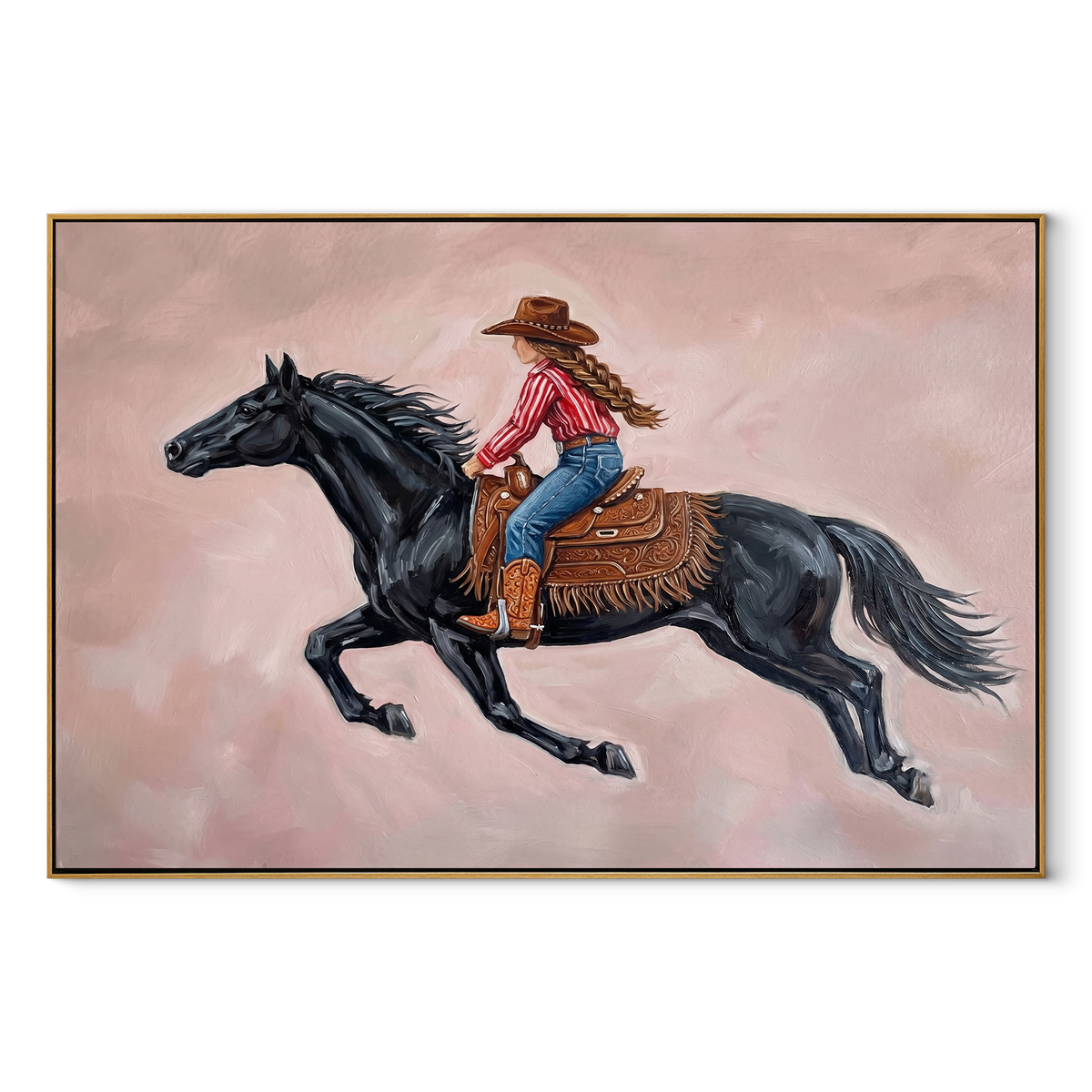 Cowgirl Gallops Through Blush equestrian horse painting, horizontal canvas artwork