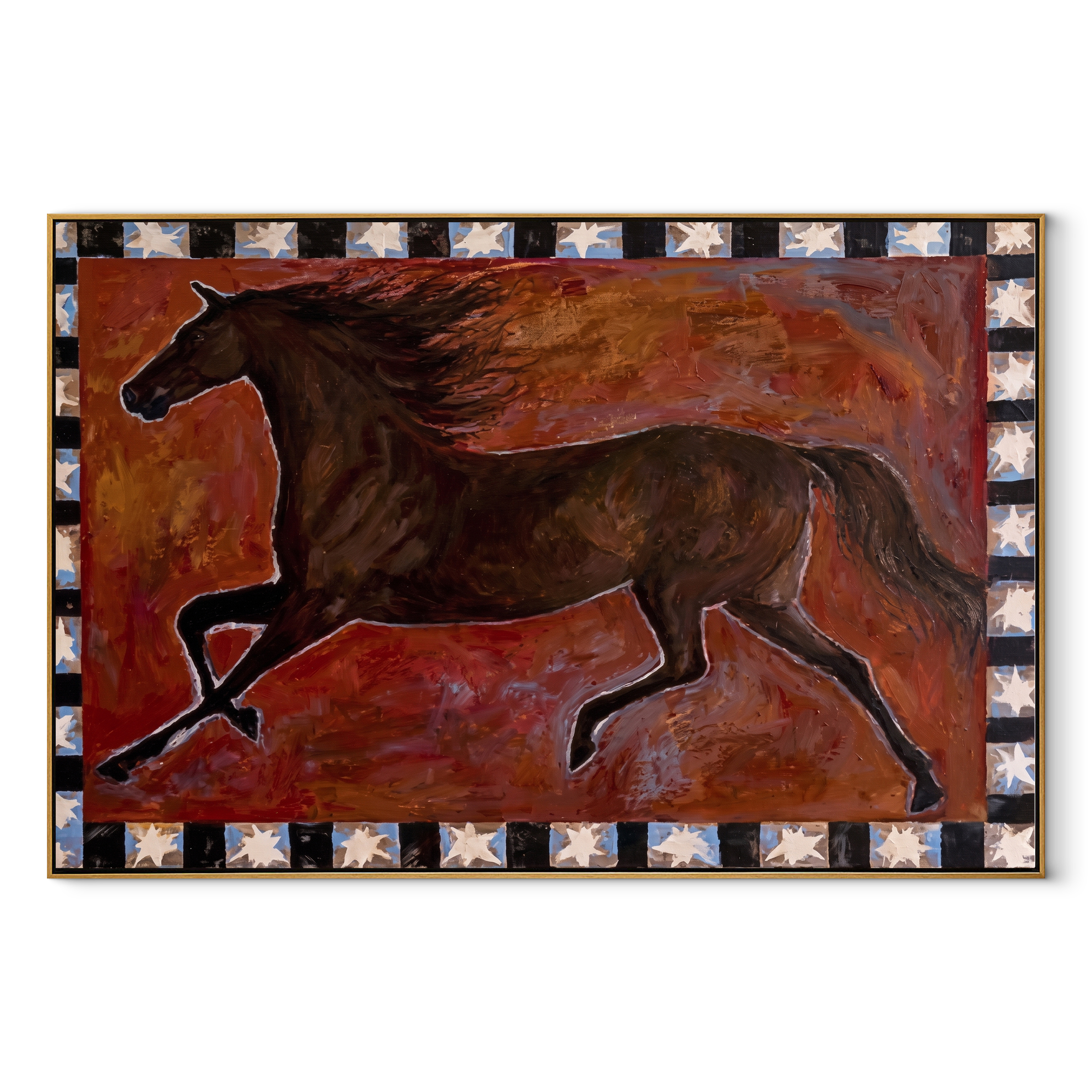 Dark Horse Runs Stars equestrian horse painting, horizontal canvas artwork