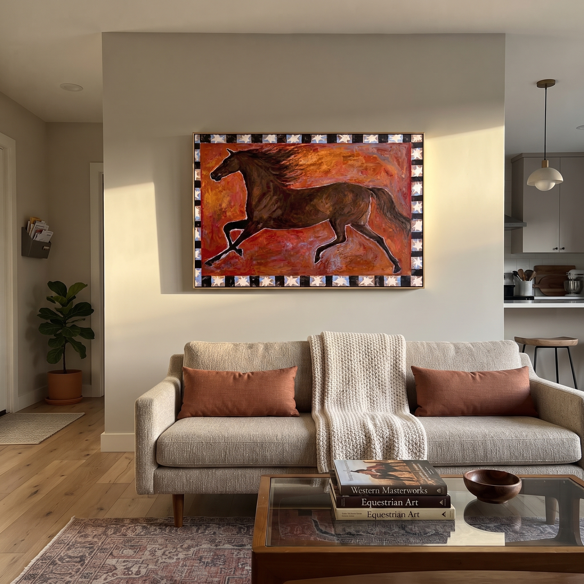 Dark Horse Runs Stars styled with wood, linen, and modern decor