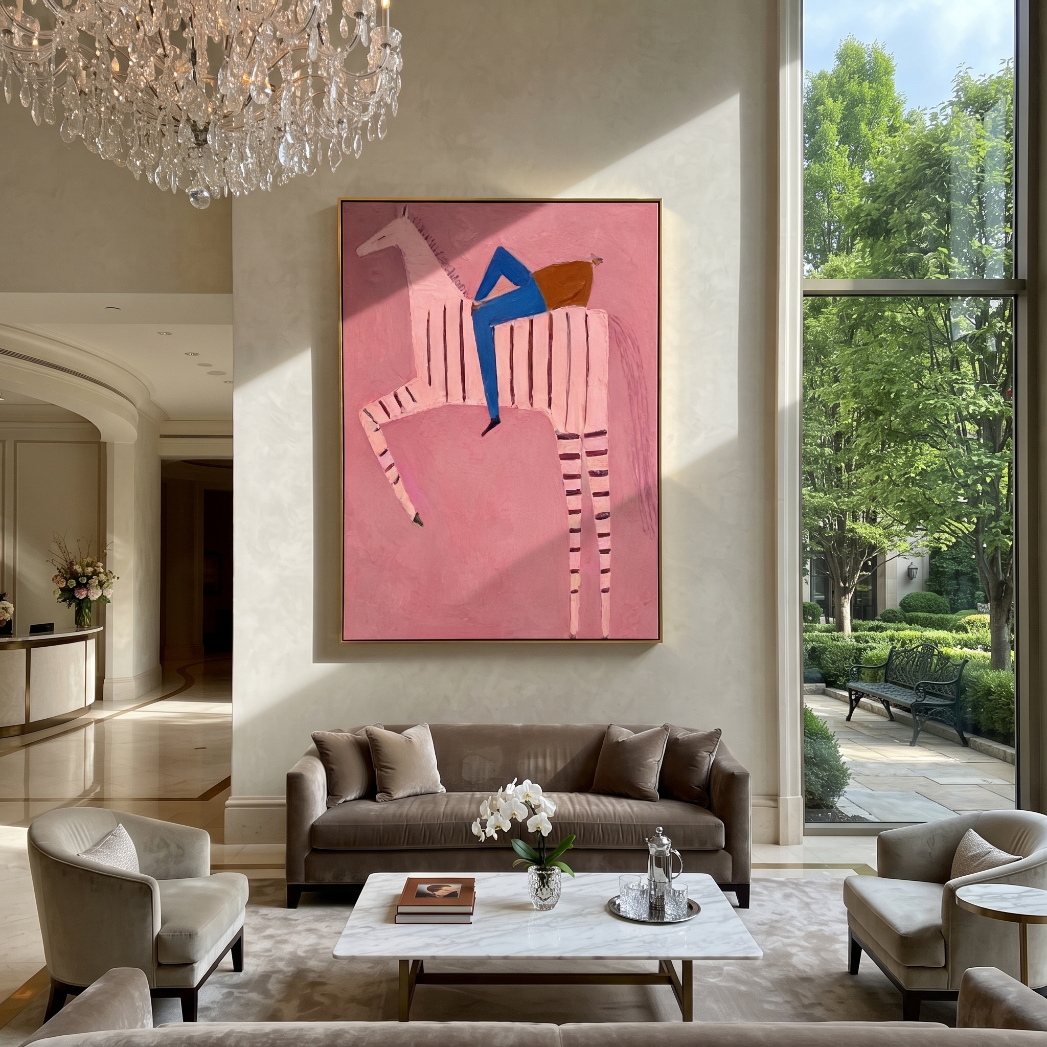 Blue Rider Climbs Pink displayed in a collected contemporary interior