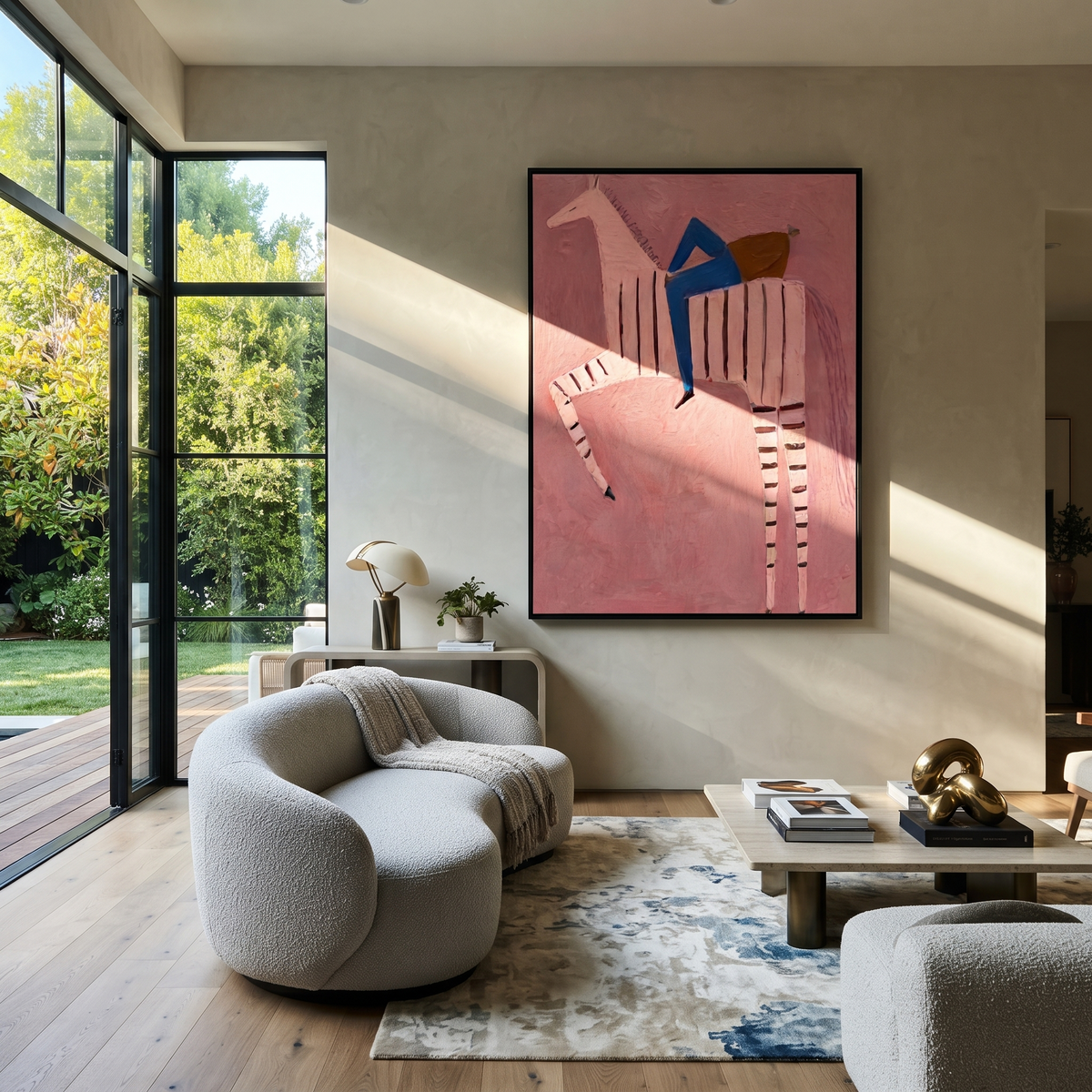 Blue Rider Climbs Pink styled with warm modern furnishings