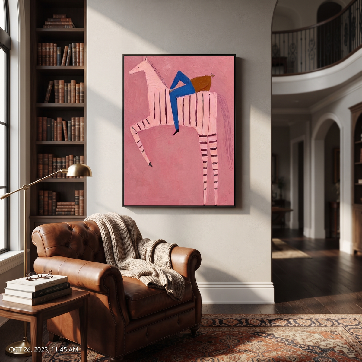 Blue Rider Climbs Pink displayed in a layered residential setting