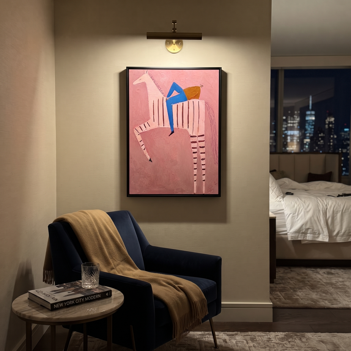 Blue Rider Climbs Pink styled with wood, linen, and modern decor