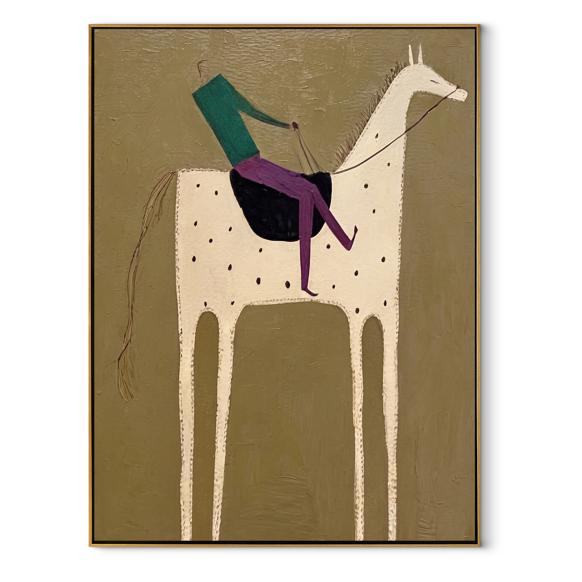 White Horse Carries Green equestrian horse painting, vertical canvas artwork