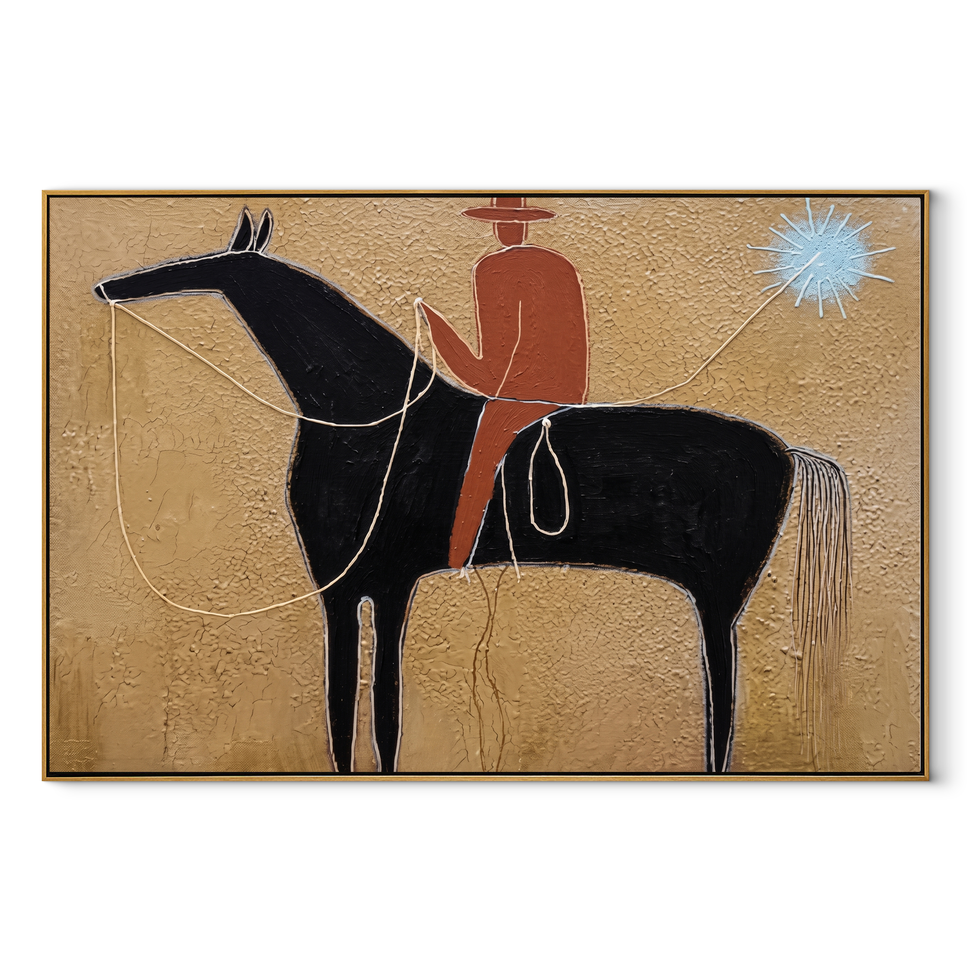 Blue Star Pulls Rein equestrian horse painting, horizontal canvas artwork