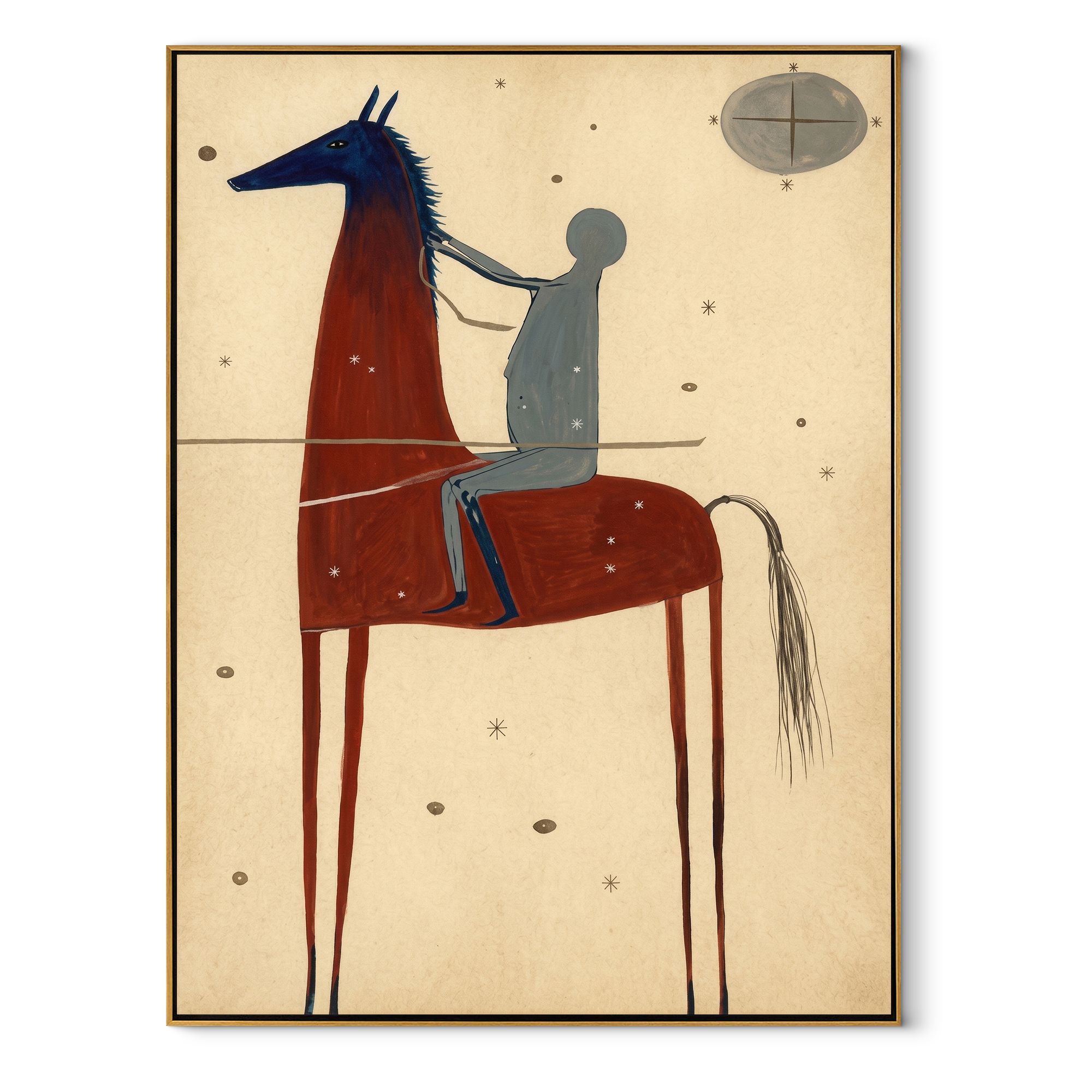 Moon Watches Red Horse equestrian horse painting, vertical canvas artwork