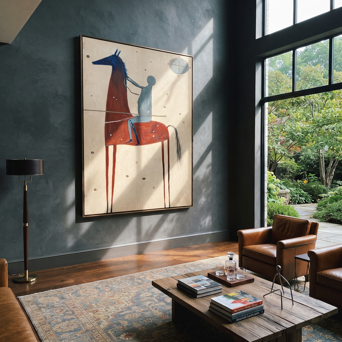 Moon Watches Red Horse displayed in a layered residential setting