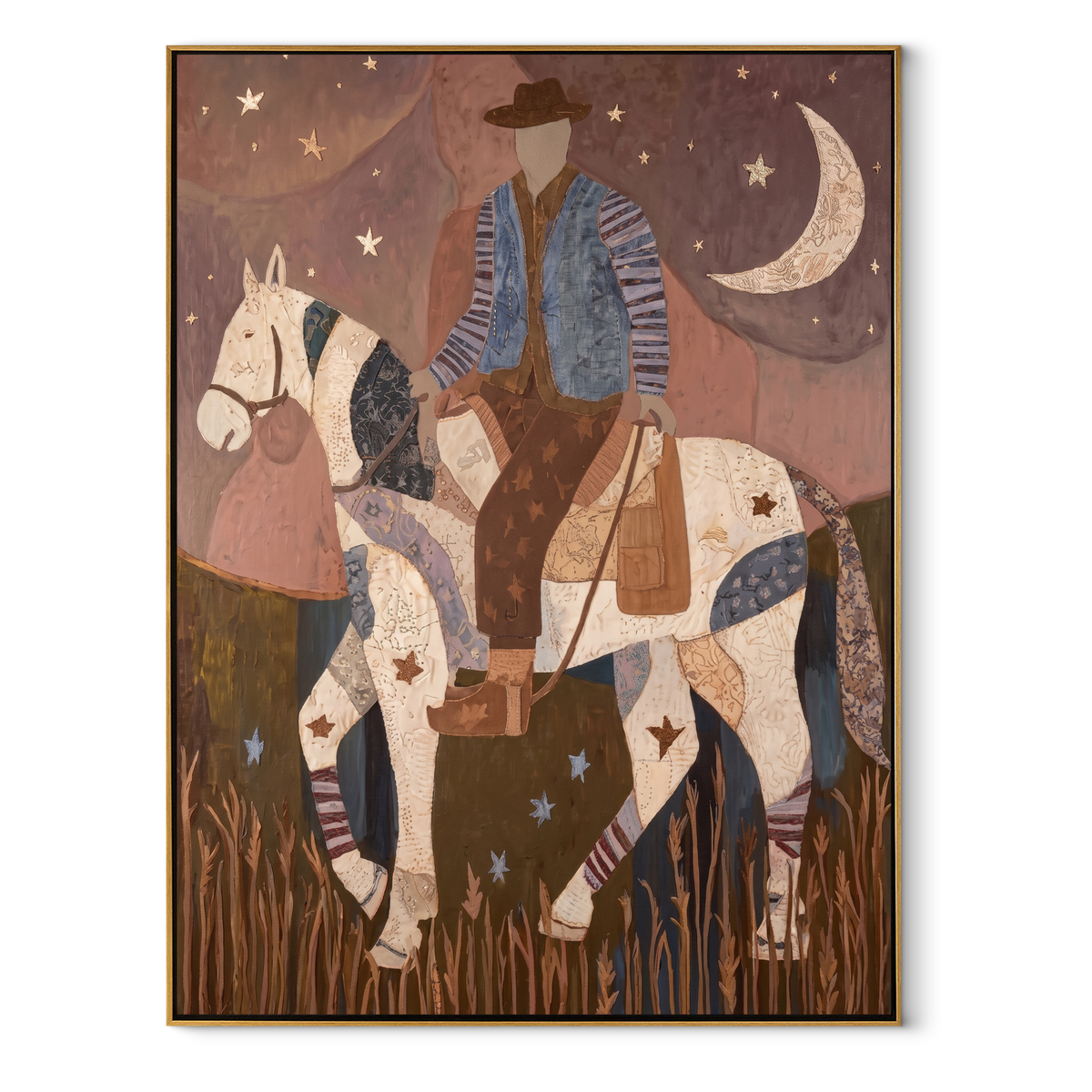 Patchwork Rider Meets Crescent equestrian horse painting, vertical canvas artwork