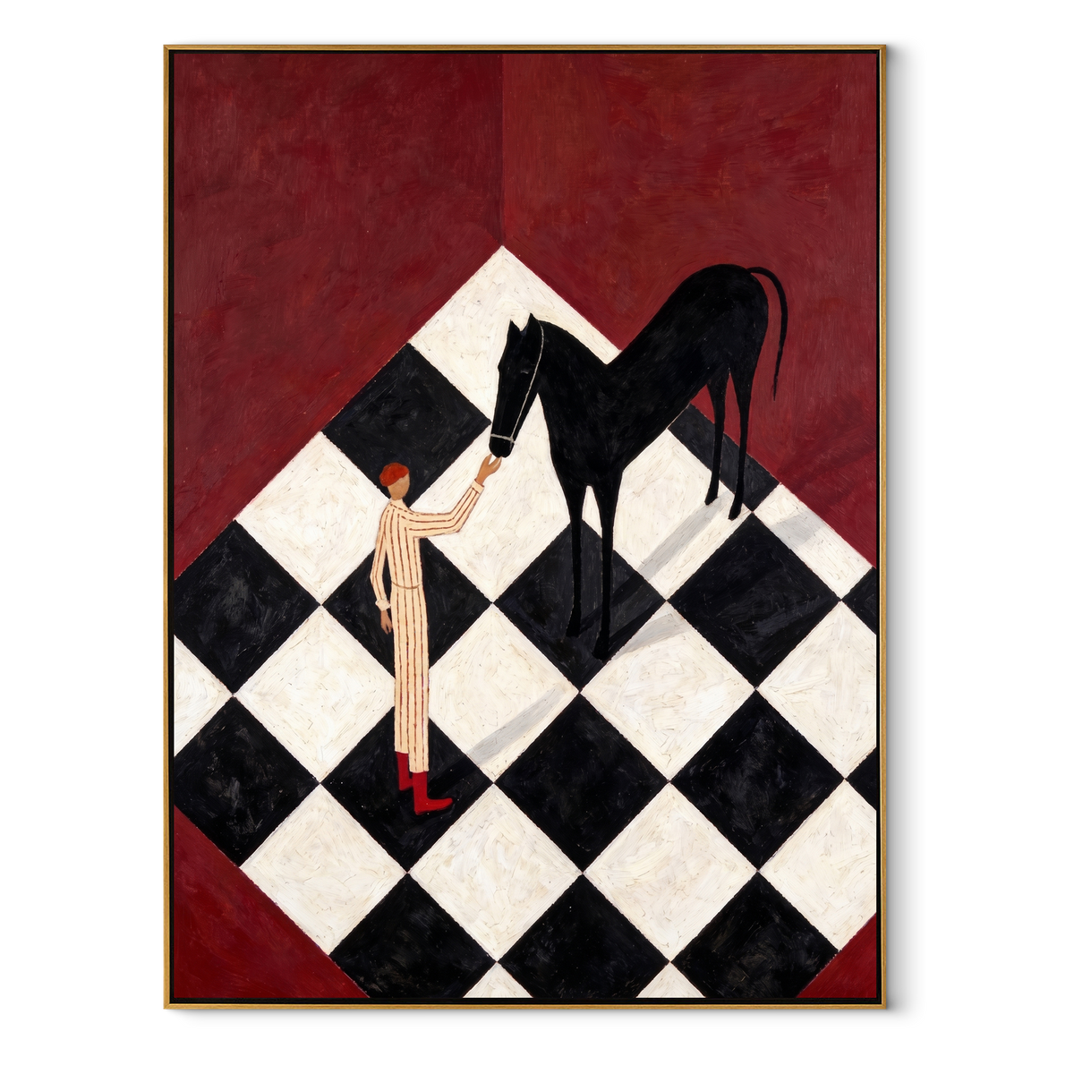 Black Horse Bends Checked equestrian horse painting, vertical canvas artwork