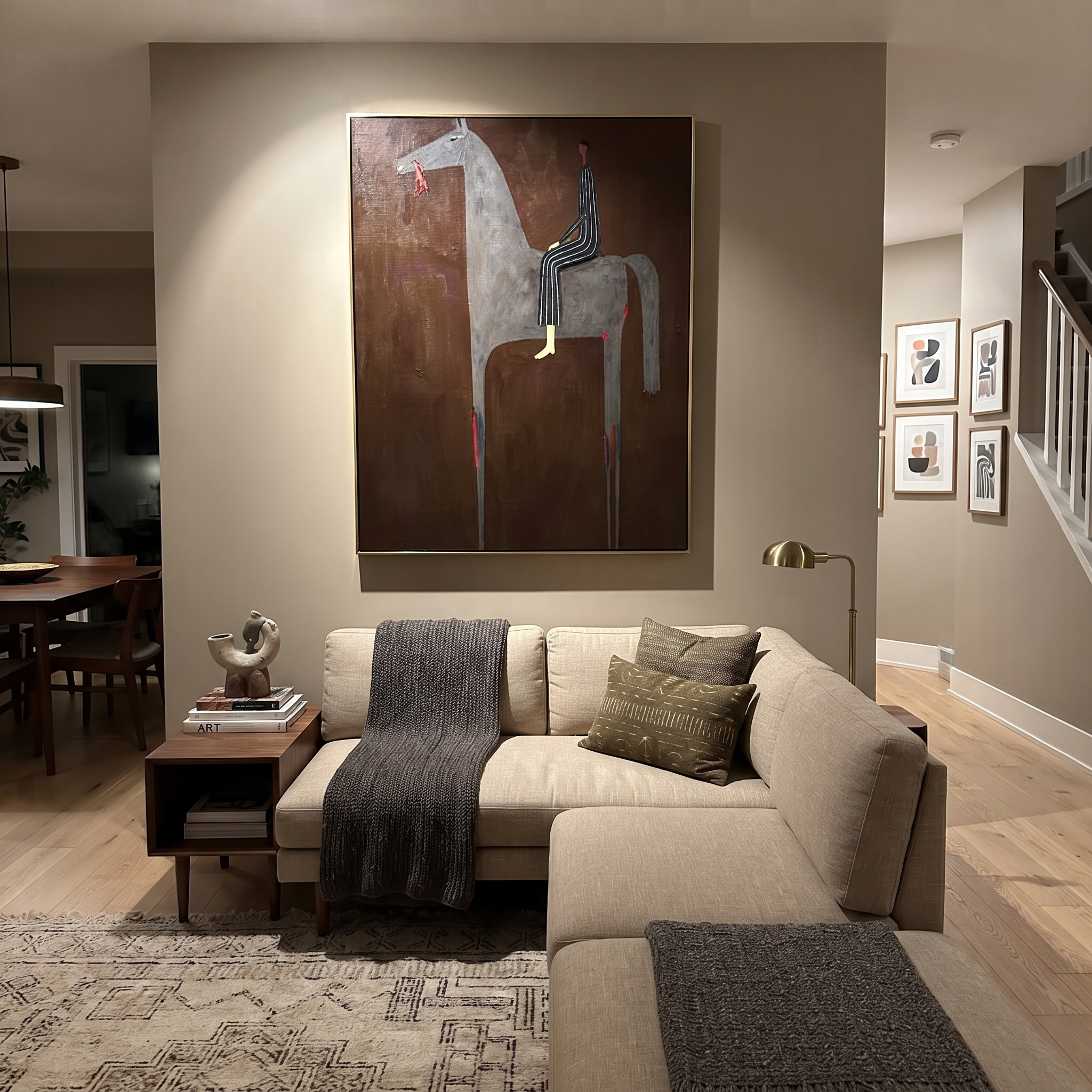 Gray Horse Carries Stripes styled with warm modern furnishings