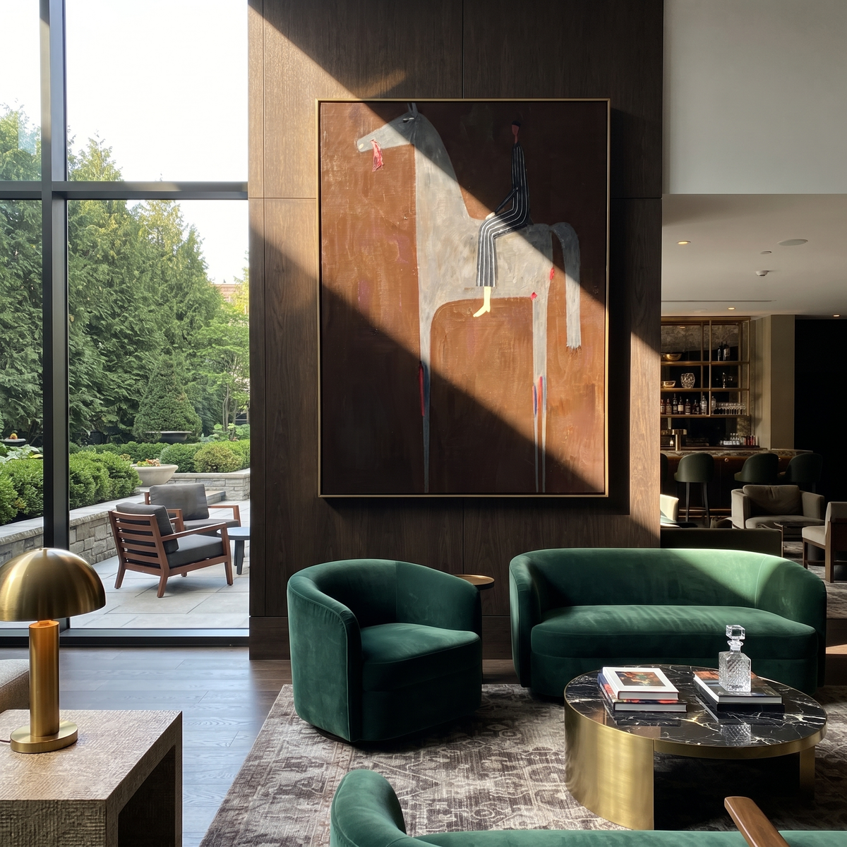 Gray Horse Carries Stripes styled with wood, linen, and modern decor