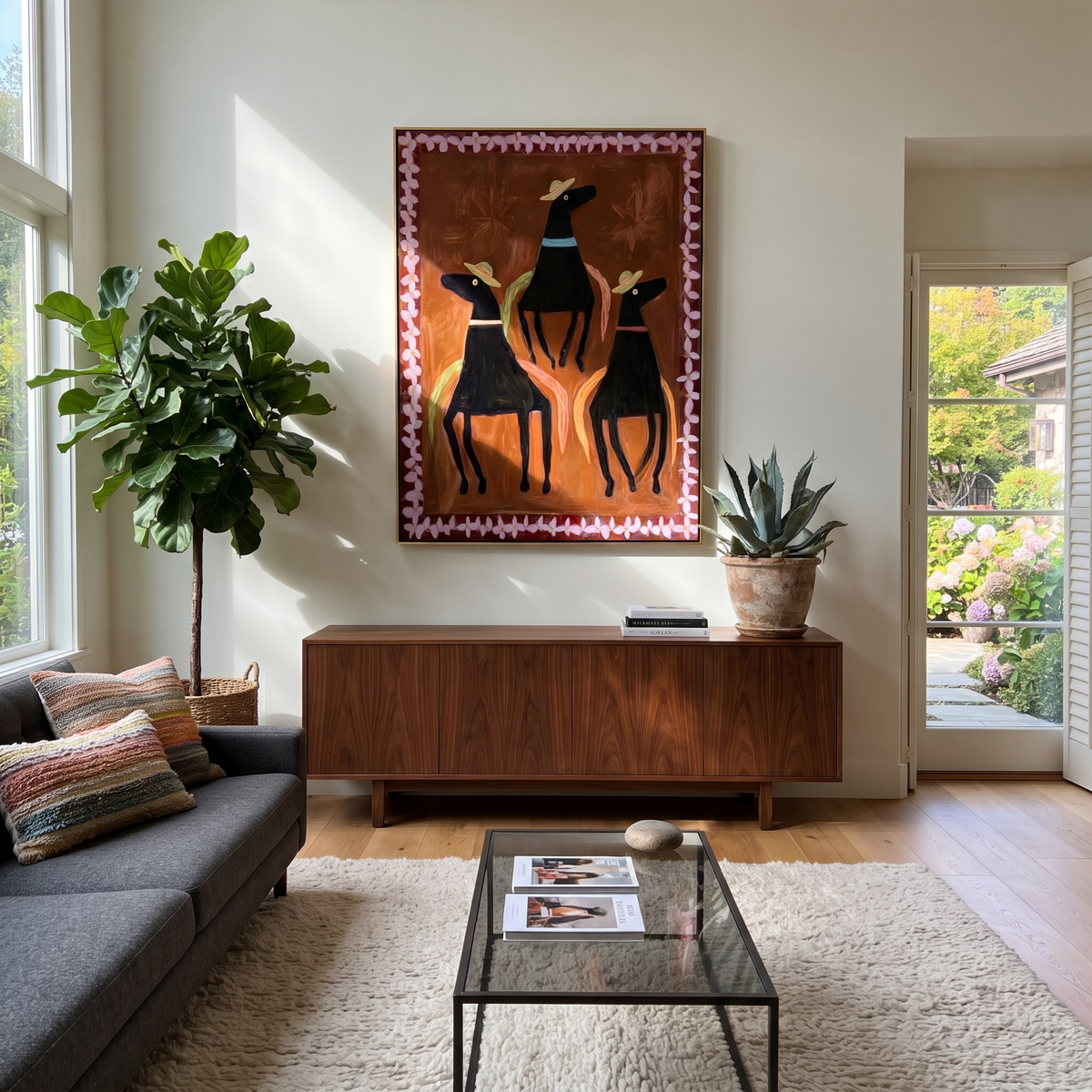 Three Hats Circle Chestnut styled with wood, linen, and modern decor
