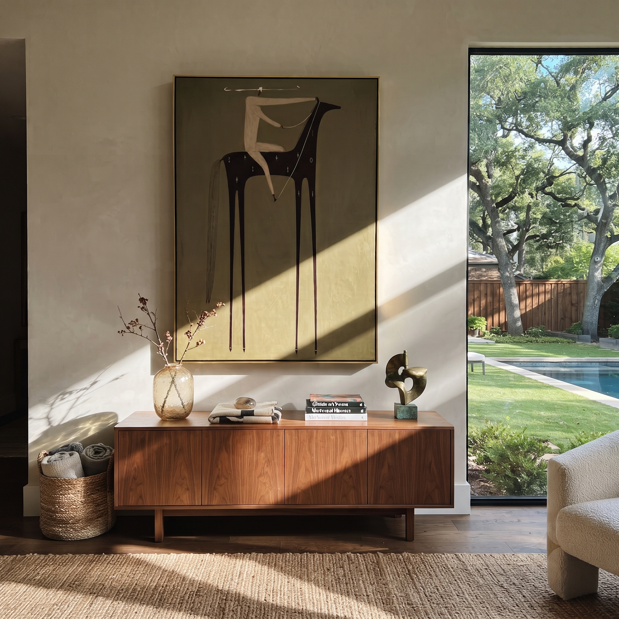 Pale Acrobat Balances Midnight styled with warm modern furnishings