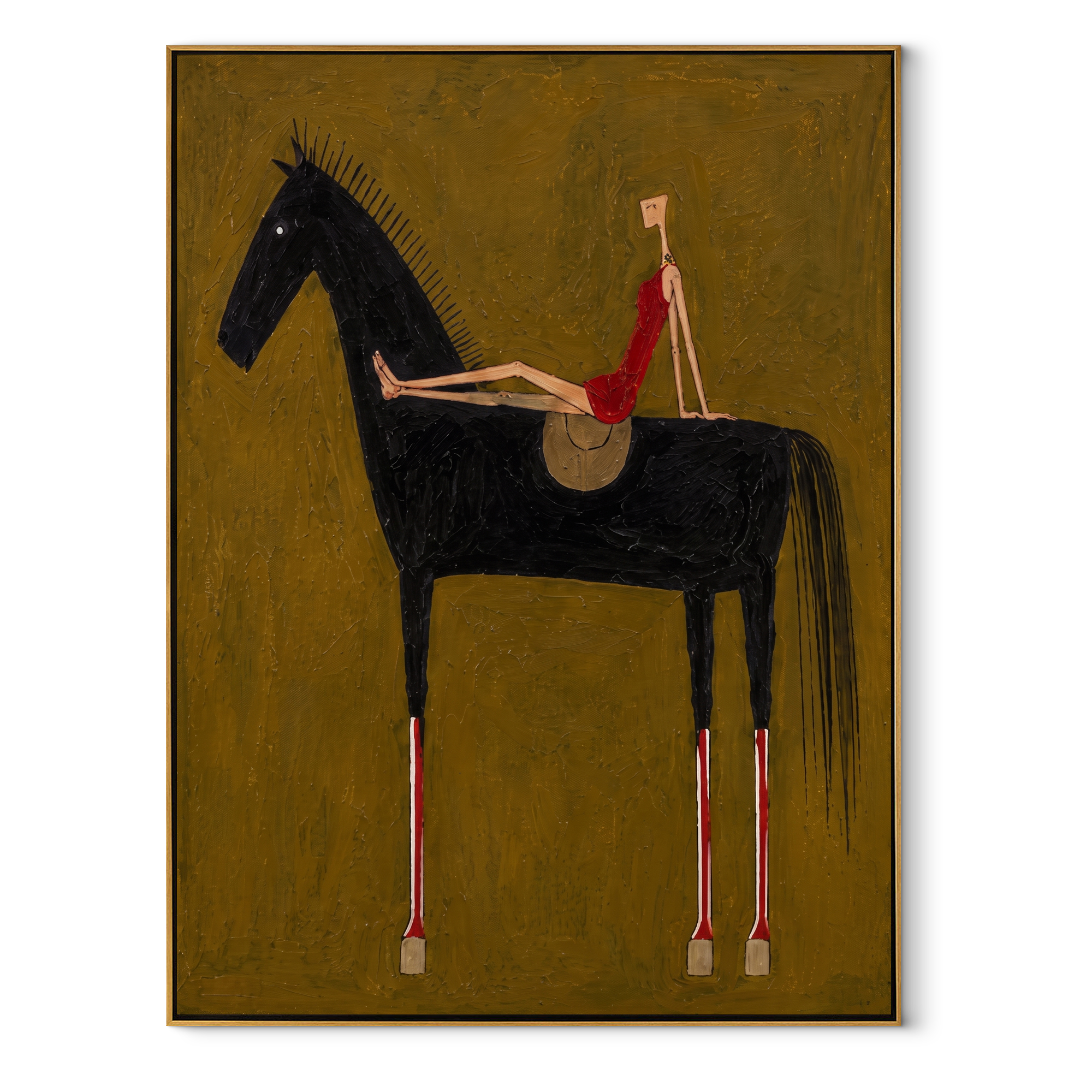 Red Dress Rests High equestrian horse painting, vertical canvas artwork