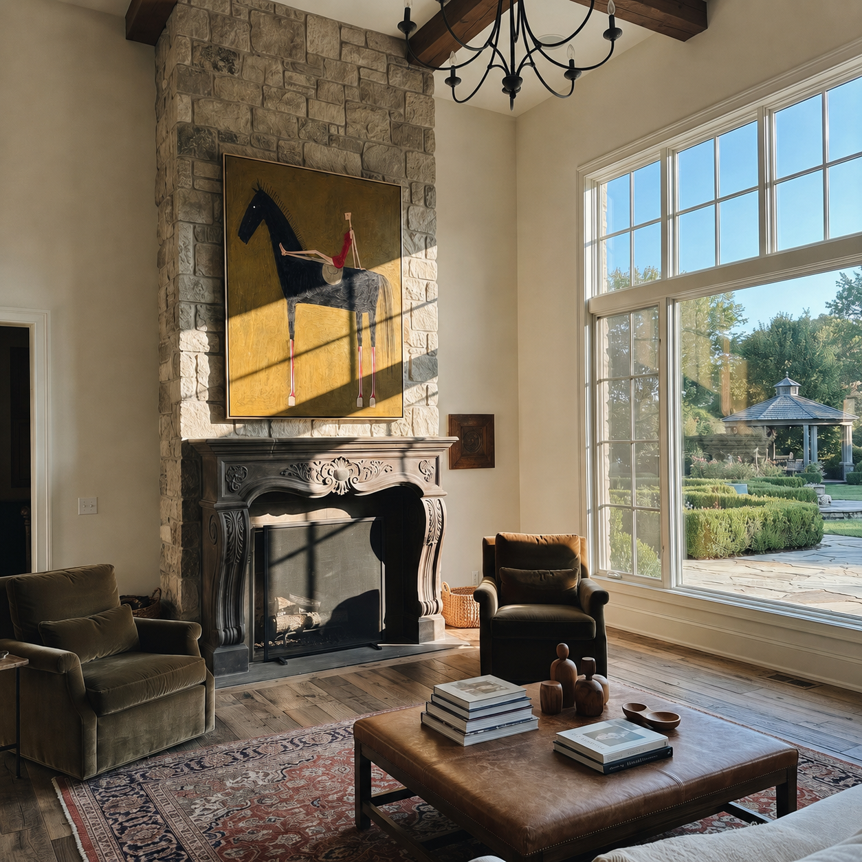 Red Dress Rests High styled with warm modern furnishings