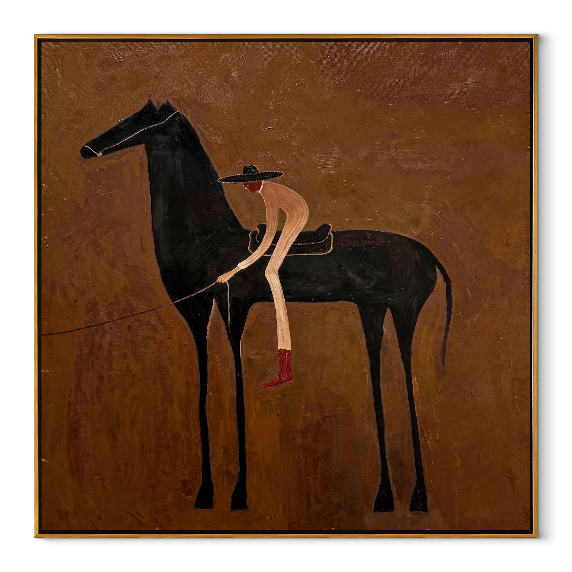 Red Boots Meet Shadow equestrian horse painting, square canvas artwork