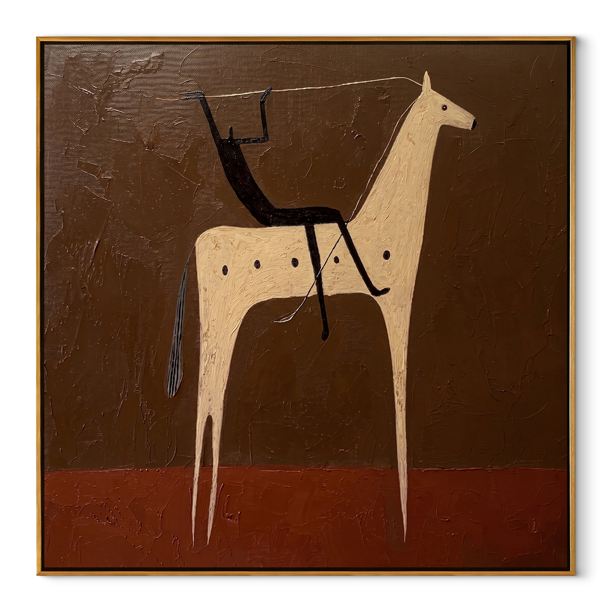Black Rider Crosses Umber equestrian horse painting, square canvas artwork
