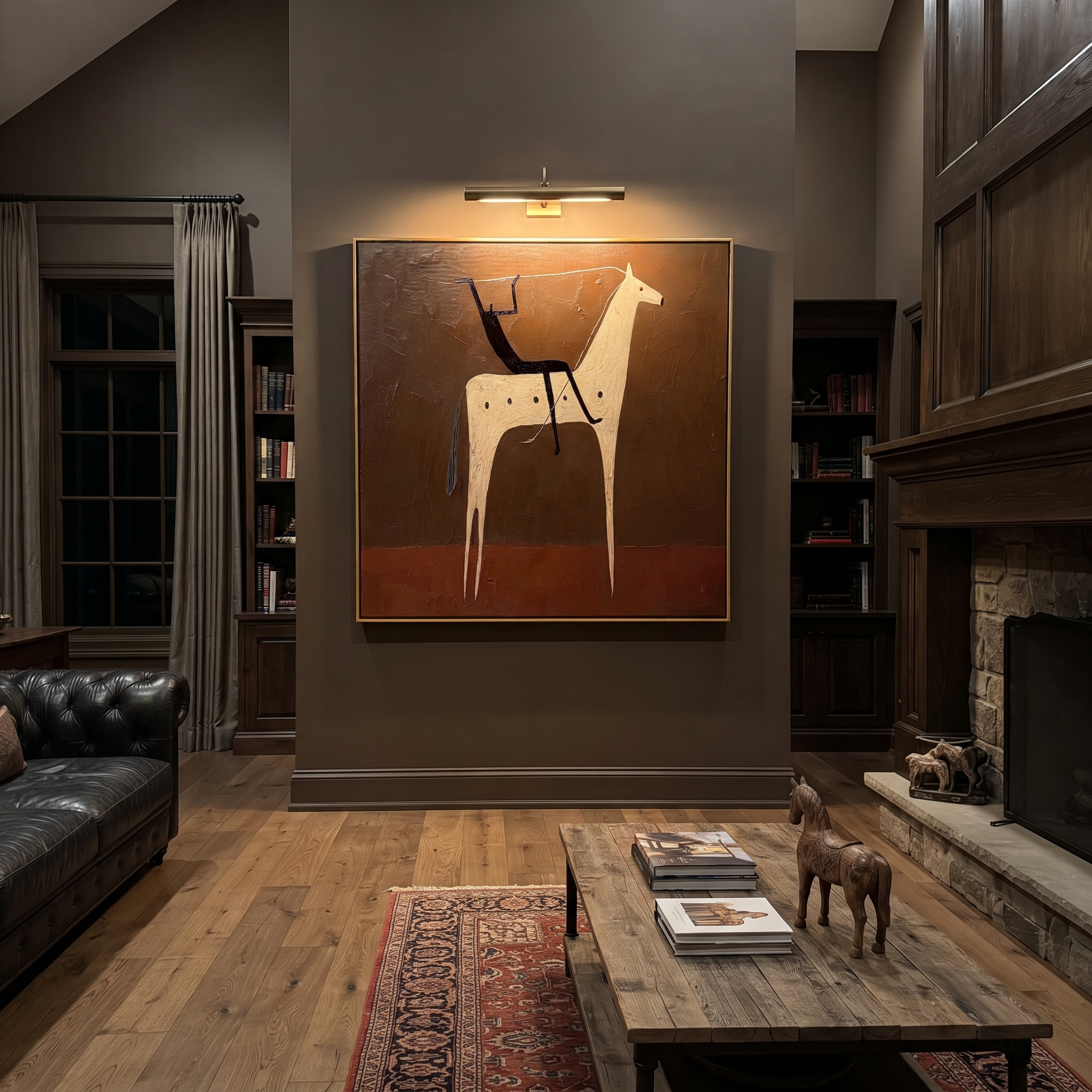Black Rider Crosses Umber styled with wood, linen, and modern decor