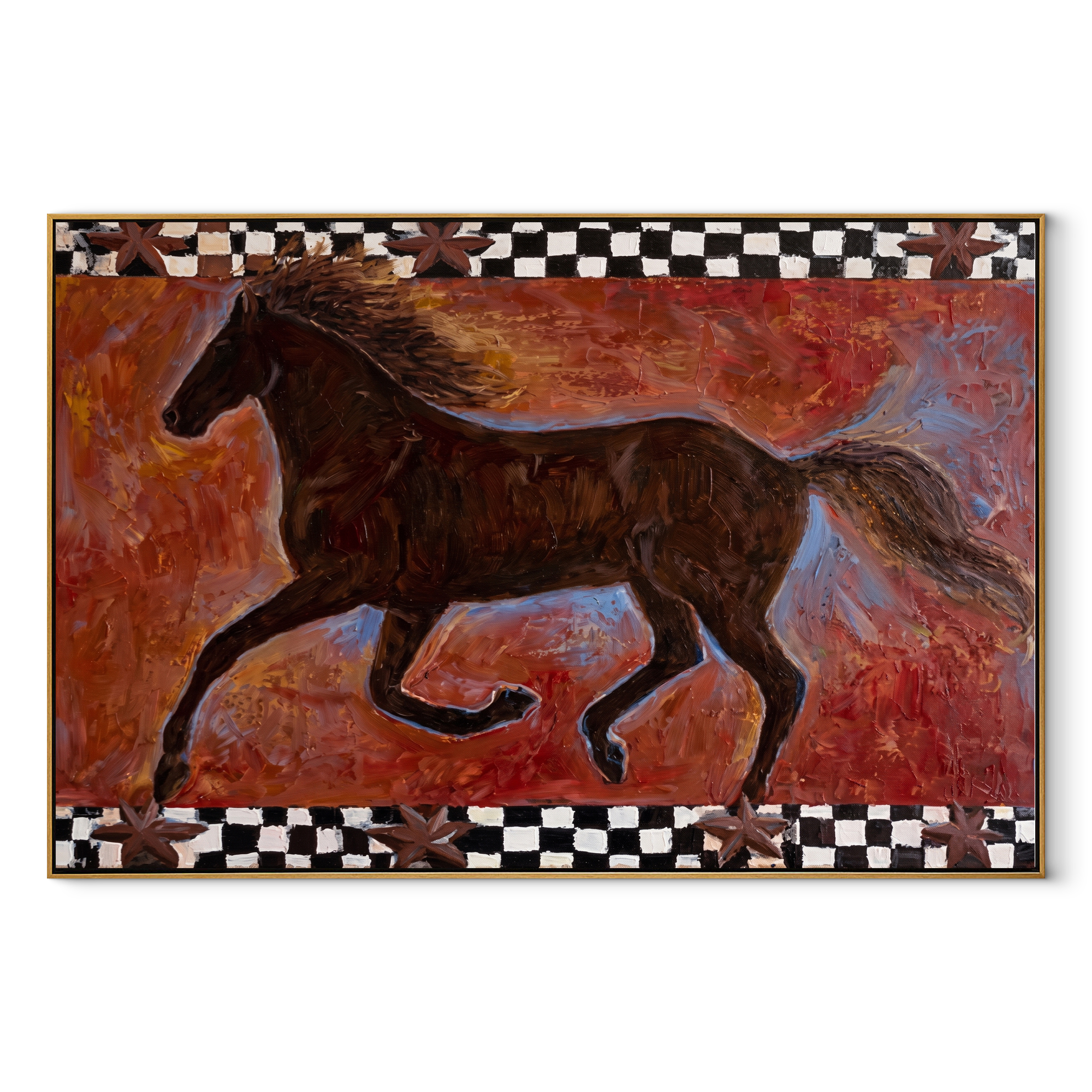 Dark Gallop Breaks Crimson equestrian horse painting, horizontal canvas artwork
