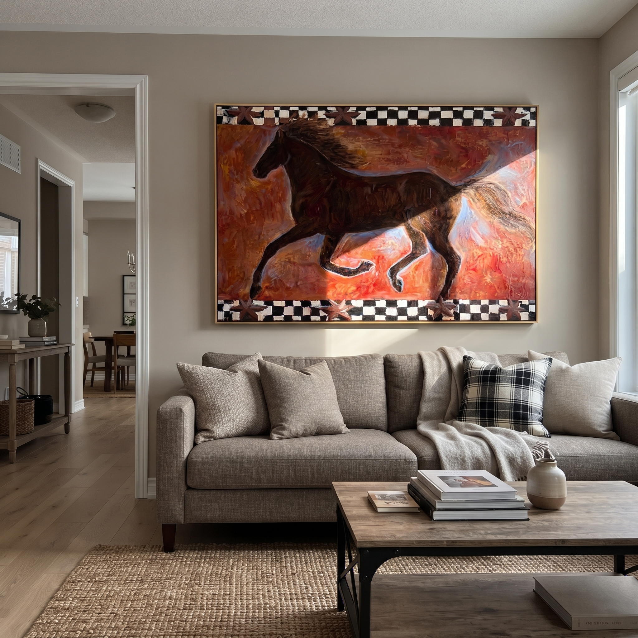 Dark Gallop Breaks Crimson displayed in a layered residential setting