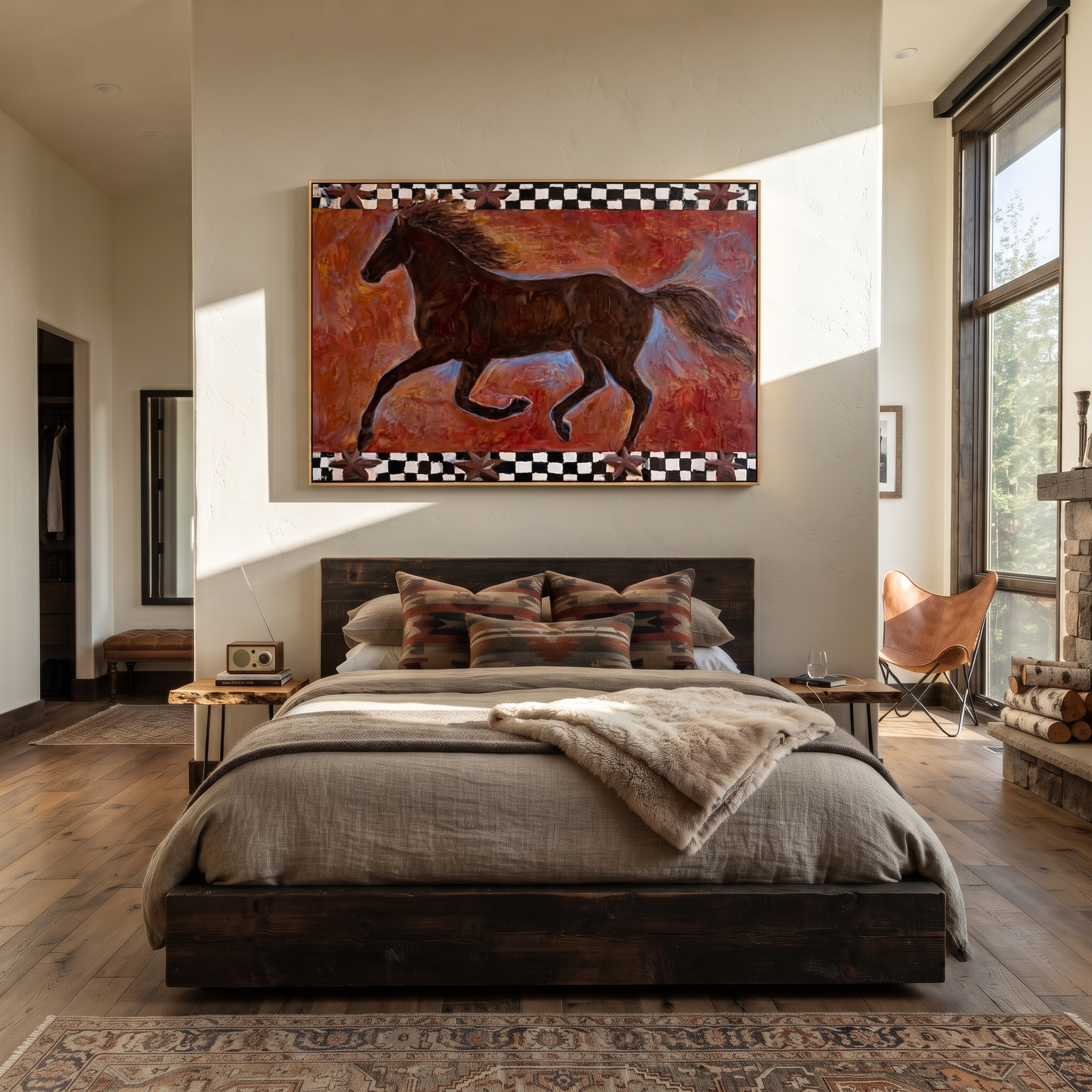 Dark Gallop Breaks Crimson styled with wood, linen, and modern decor
