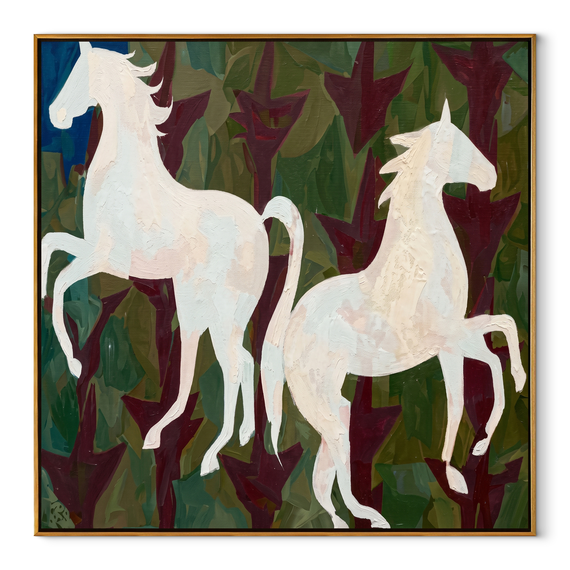 White Horses Rise Wild equestrian horse painting, square canvas artwork