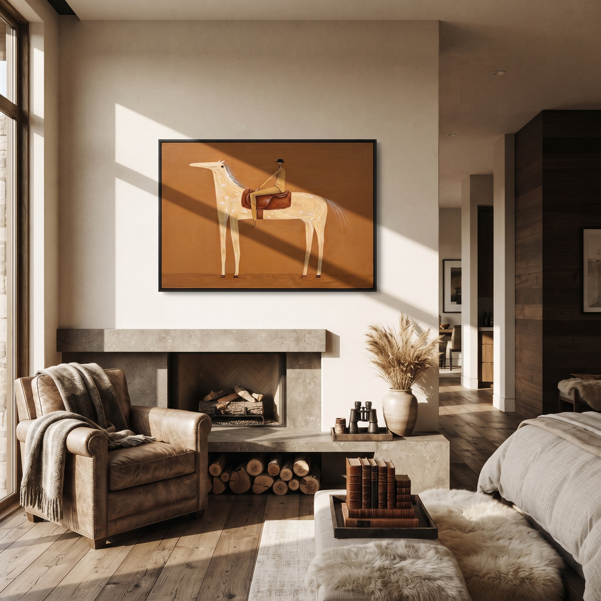 Pale Dapples Cross Ochre displayed in a layered residential setting