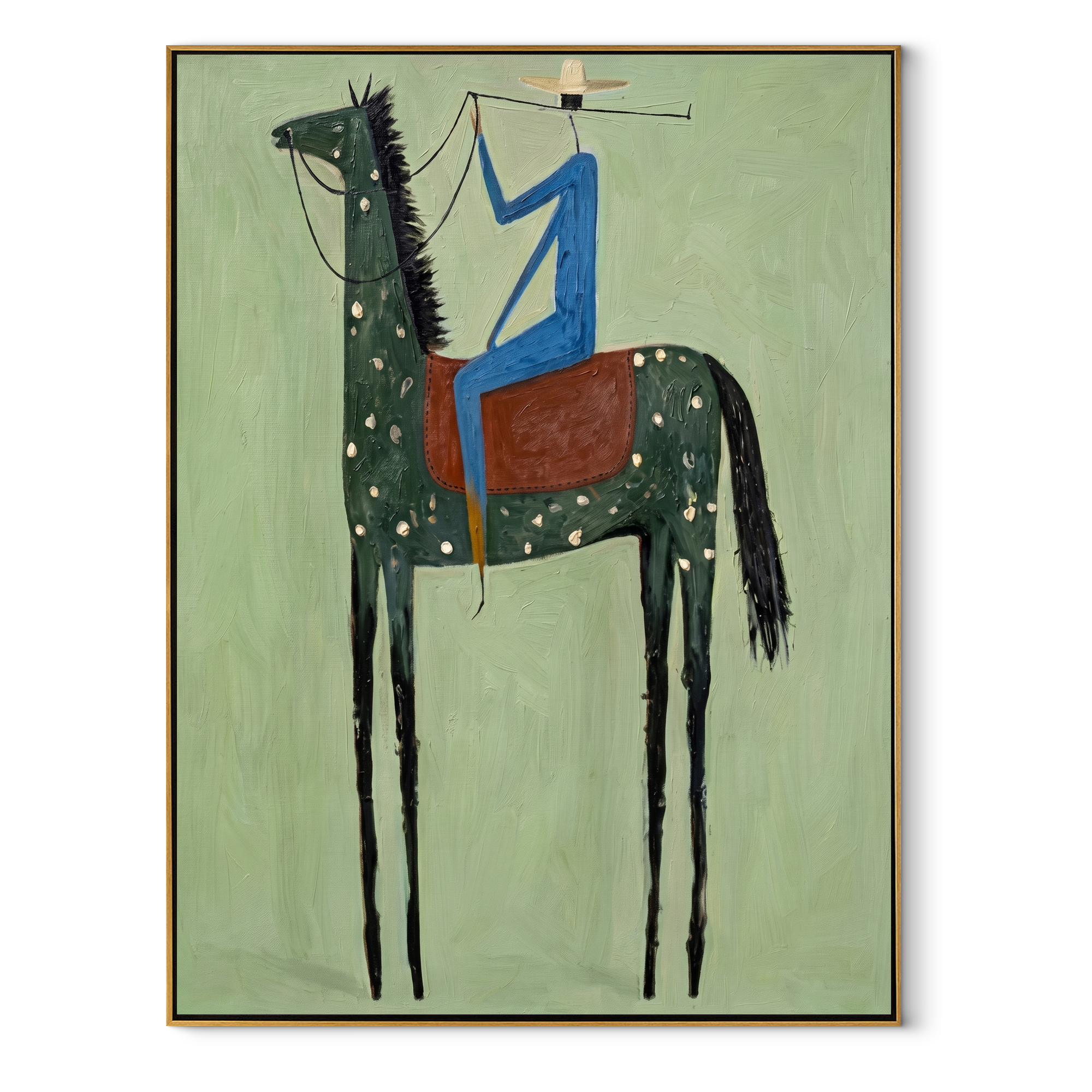 Blue Rider Climbs Mint equestrian horse painting, vertical canvas artwork