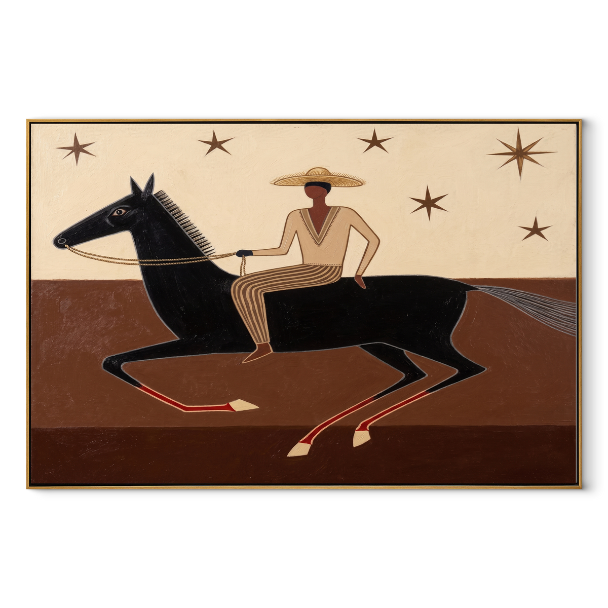 Striped Rider Runs Stars equestrian horse painting, horizontal canvas artwork