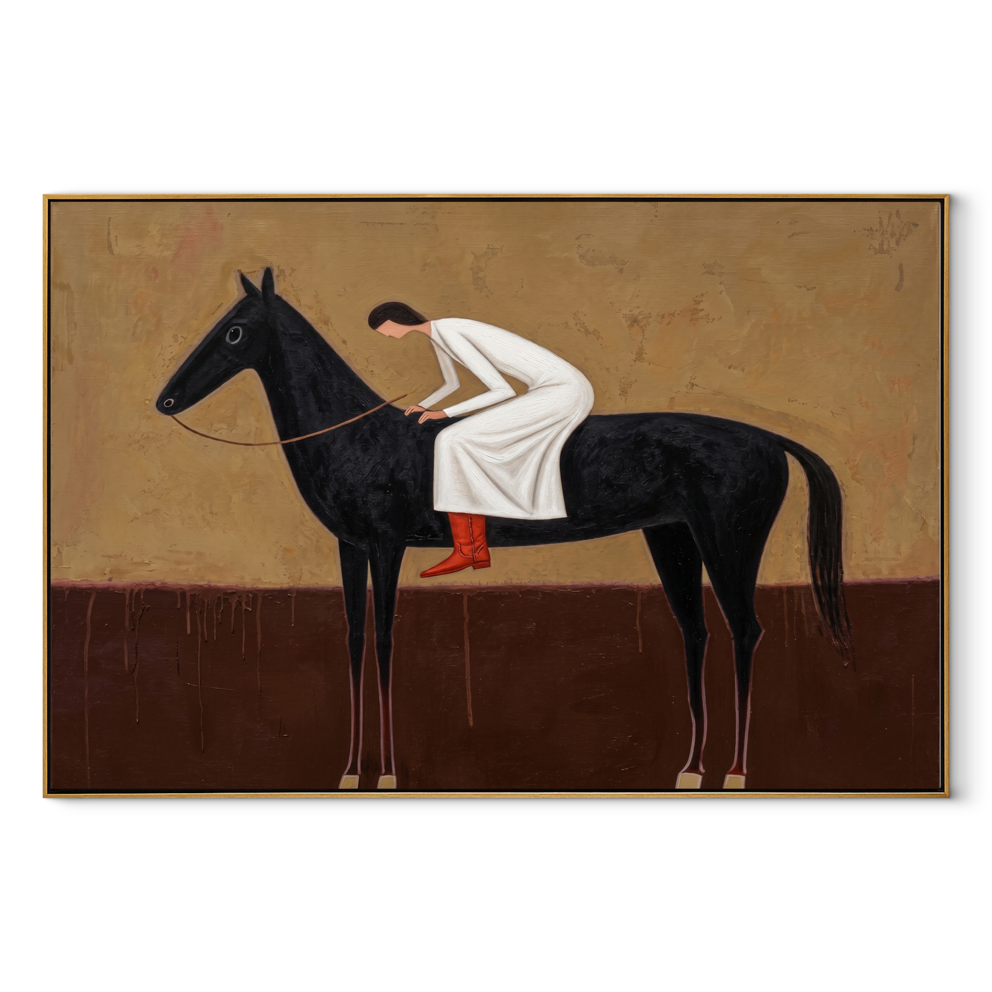 White Dress Leans Forward equestrian horse painting, horizontal canvas artwork