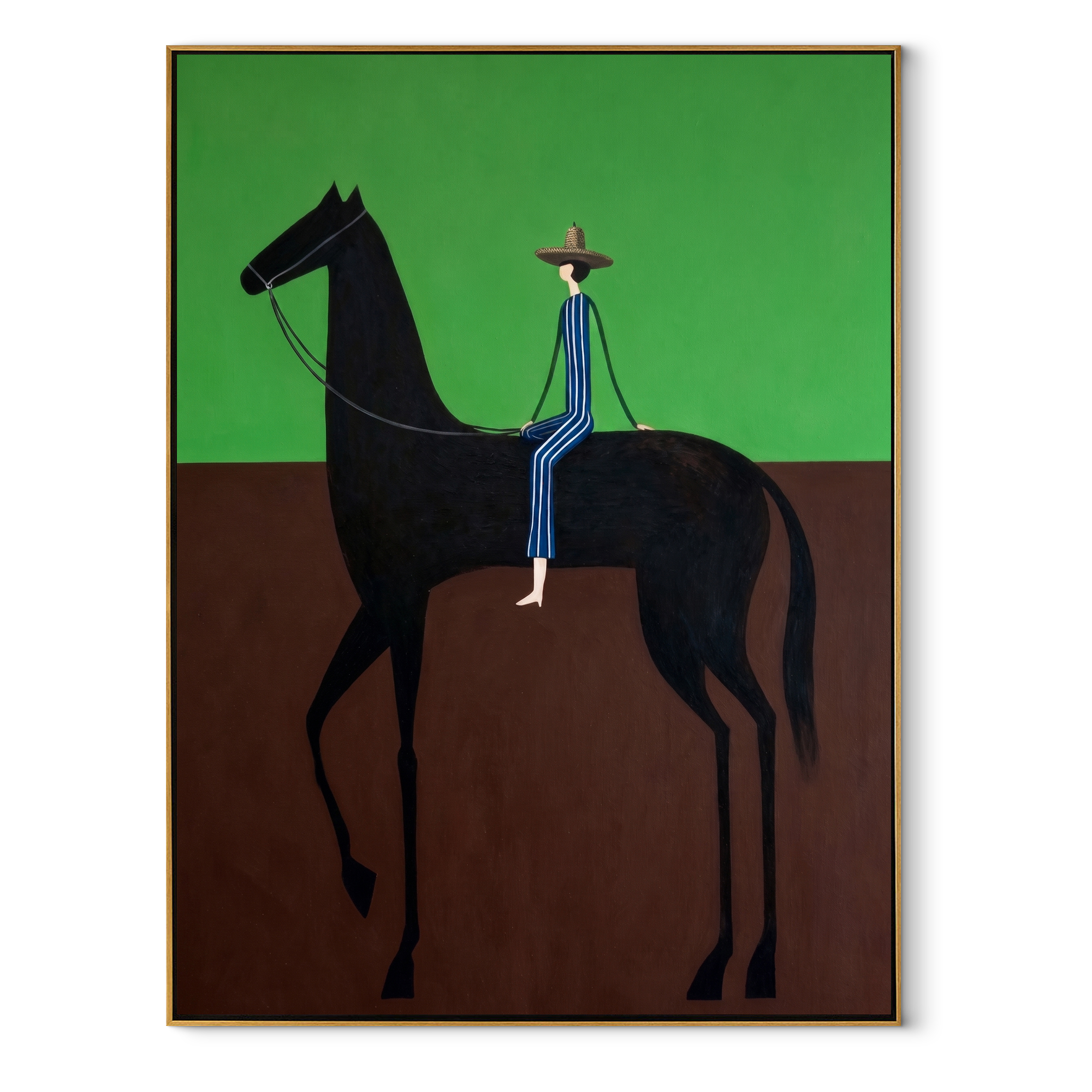 Blue Stripes Cross Green equestrian horse painting, vertical canvas artwork
