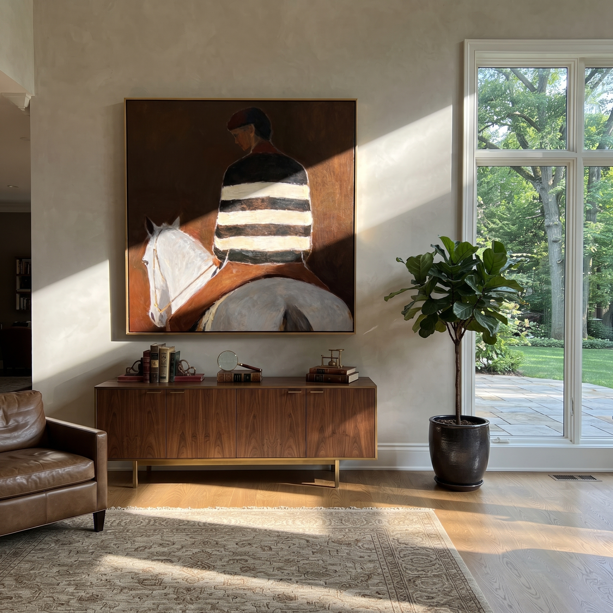 Striped Back Faces Umber displayed in a collected contemporary interior