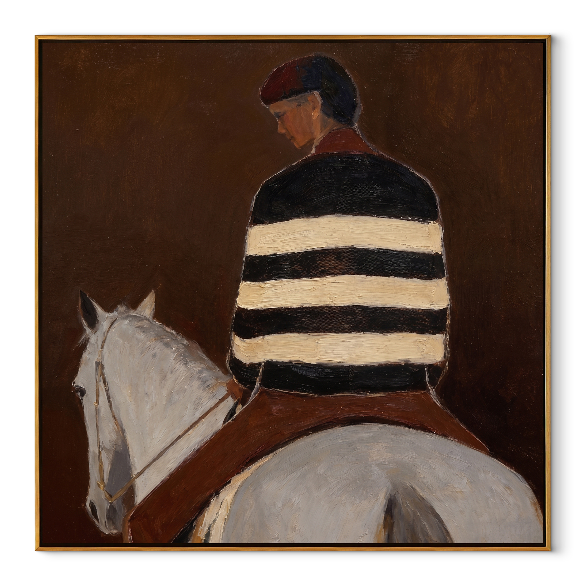 Striped Back Faces Umber equestrian horse painting, square canvas artwork