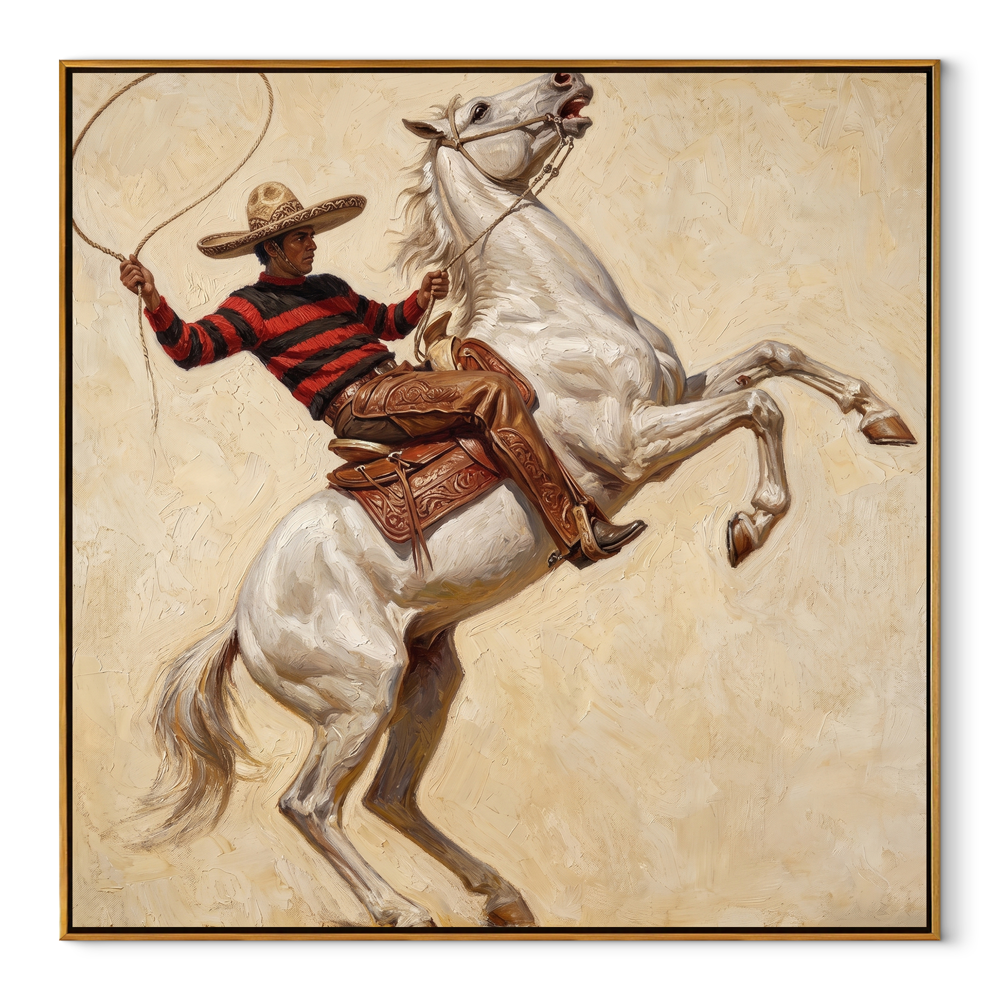 Lasso Circles Rearing White equestrian horse painting, square canvas artwork
