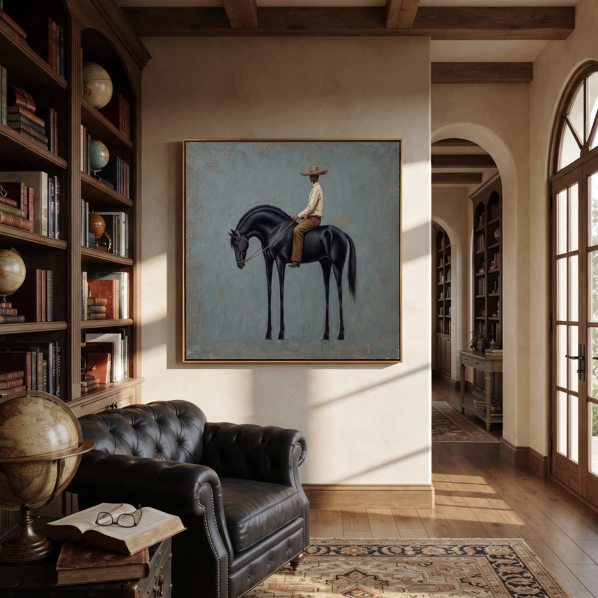 Black Horse Bows Blue displayed in a layered residential setting