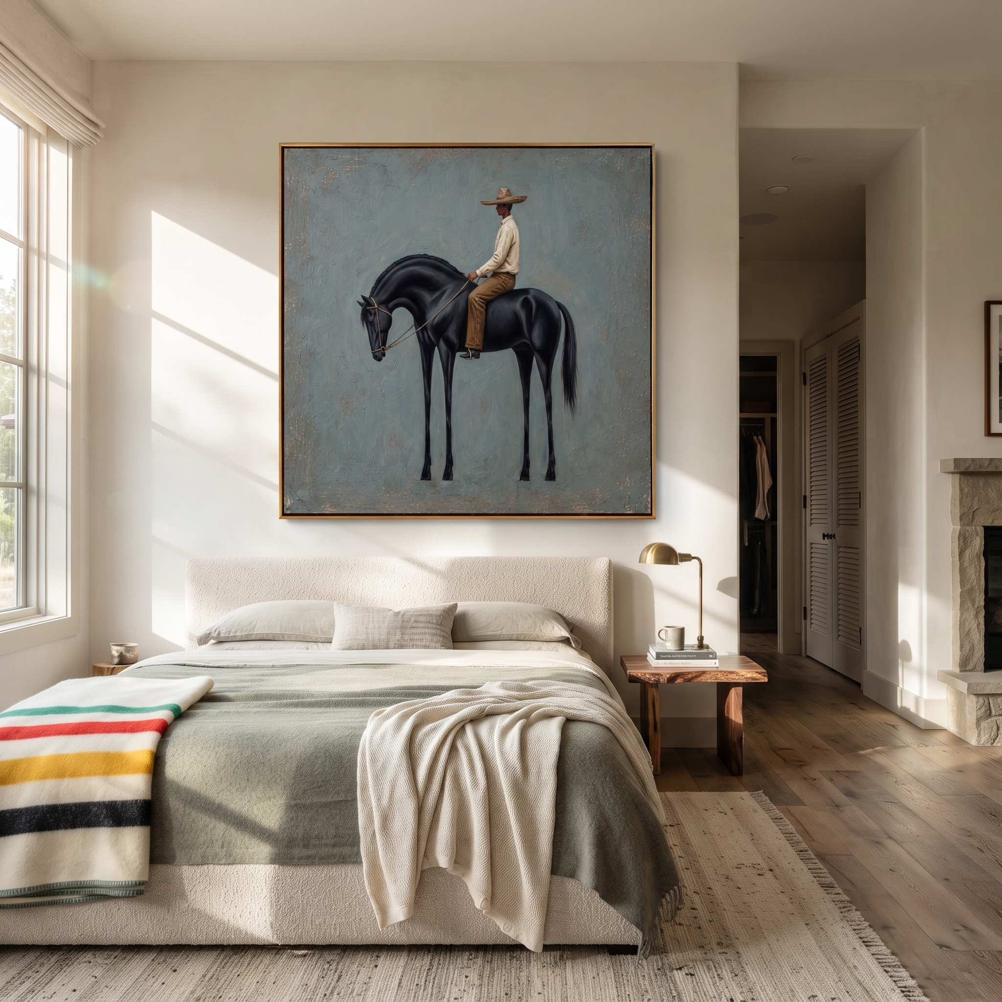 Black Horse Bows Blue styled with wood, linen, and modern decor