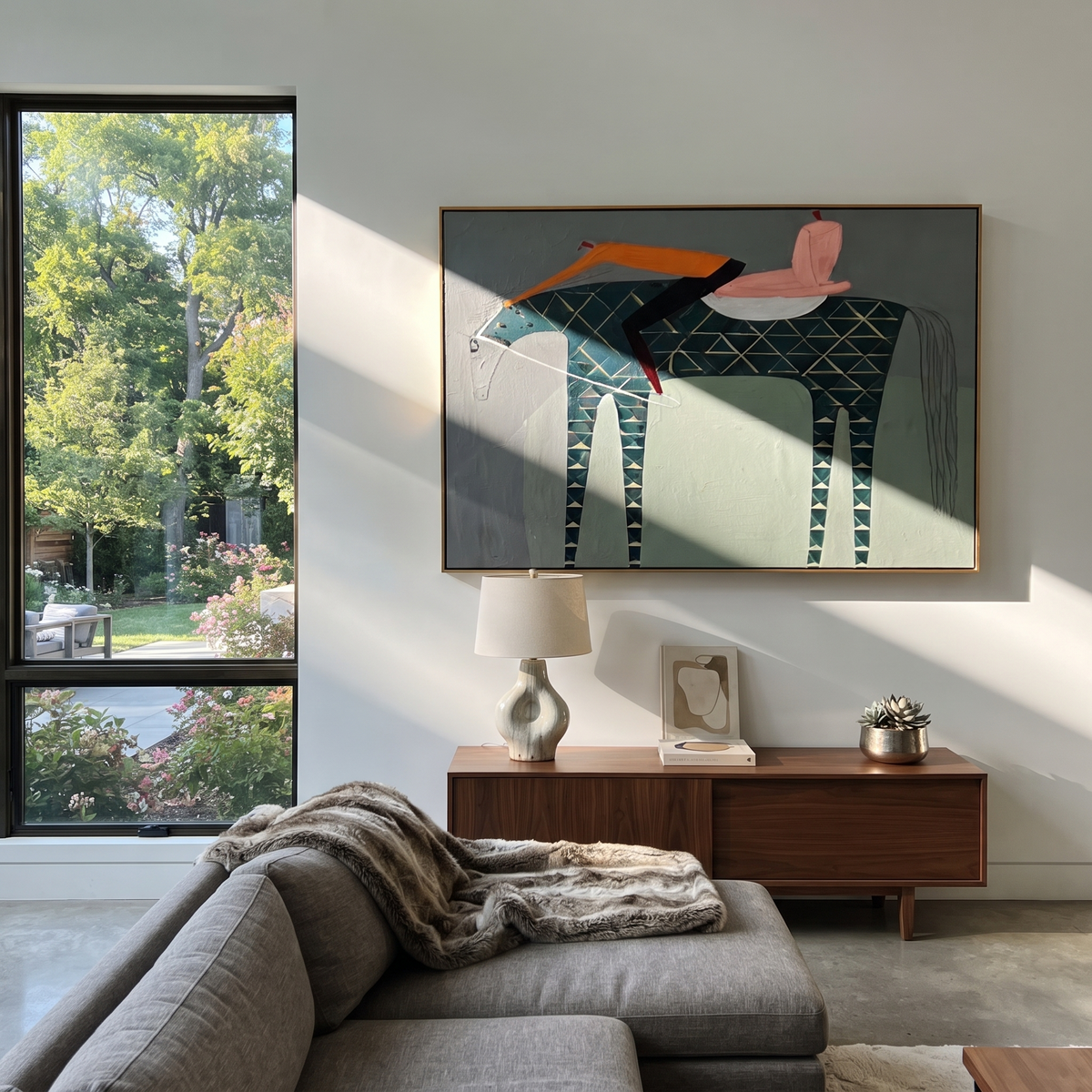 Pink Saddle Meets Lattice displayed in a collected contemporary interior