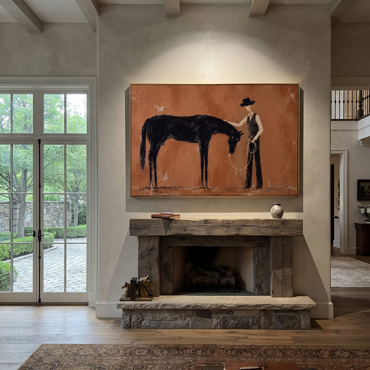 Bowed Horse Meets Handler displayed in a collected contemporary interior
