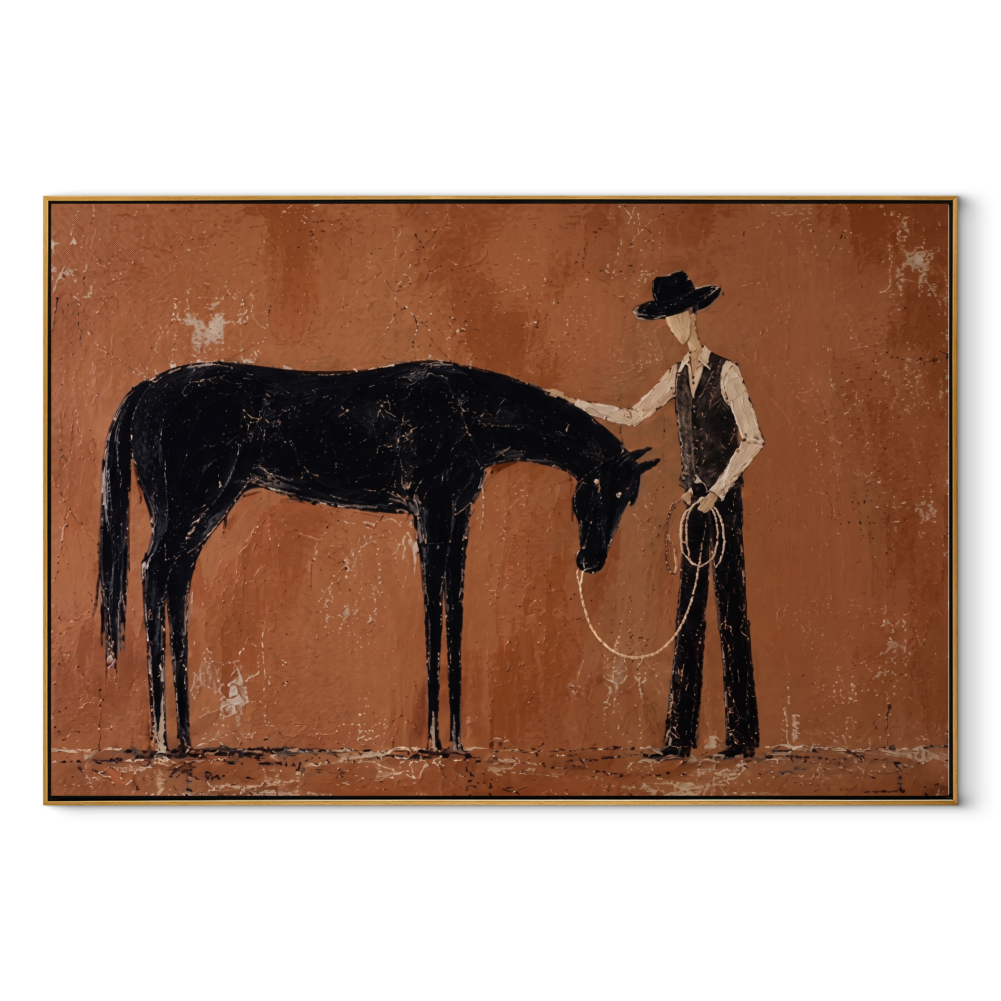 Bowed Horse Meets Handler equestrian horse painting, horizontal canvas artwork