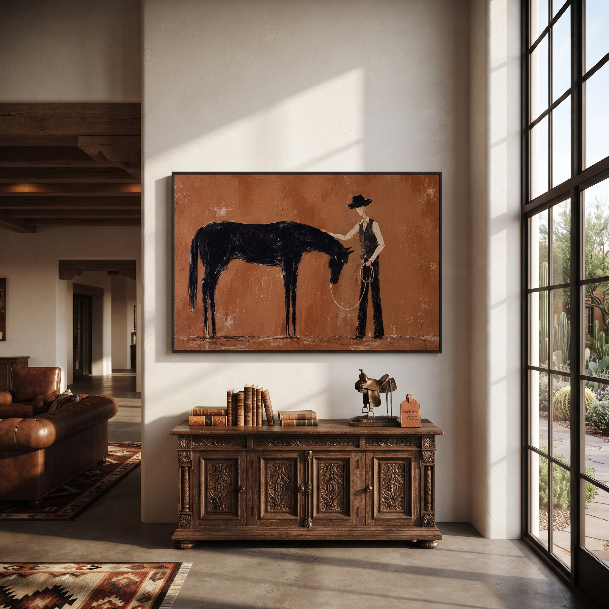 Bowed Horse Meets Handler displayed in a layered residential setting